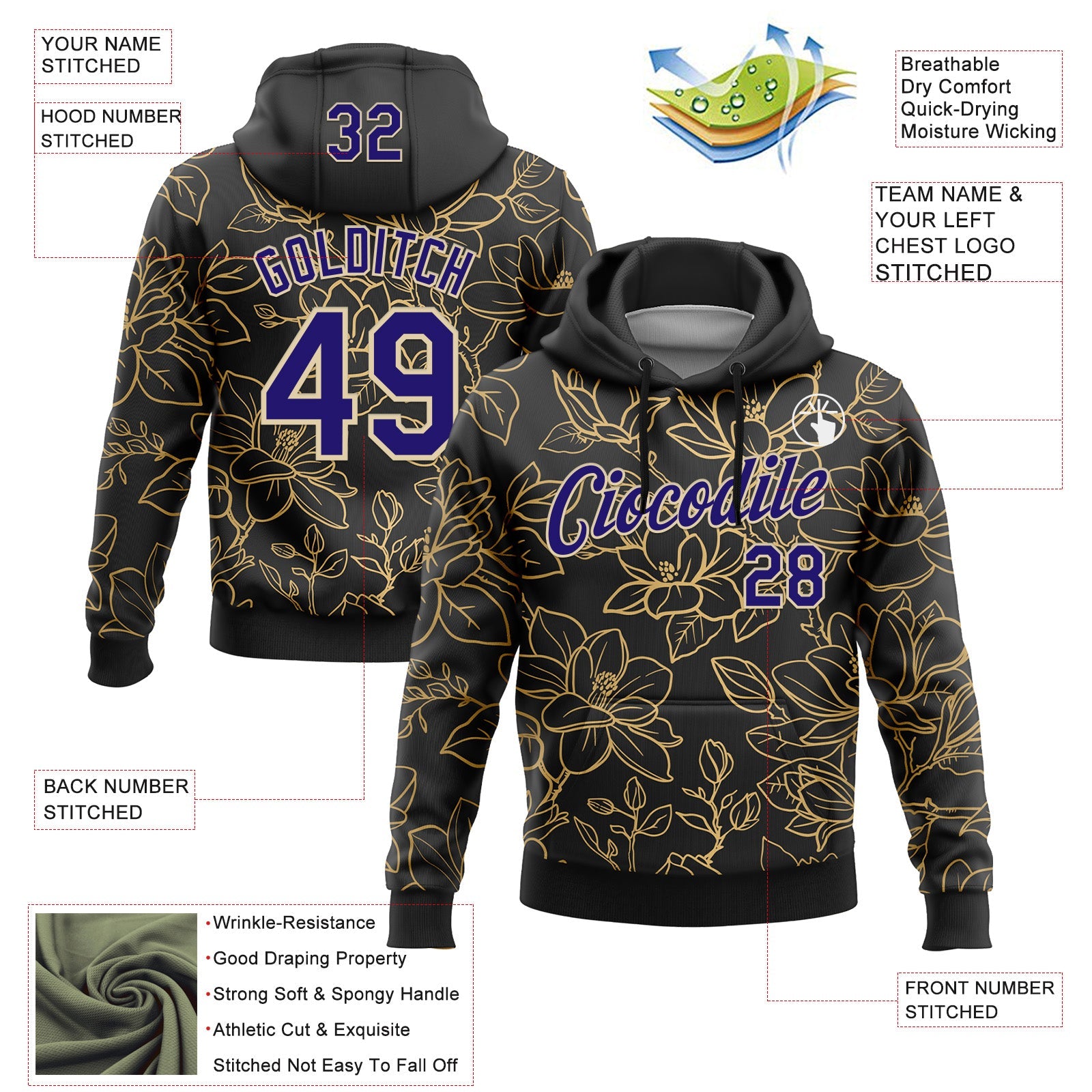Custom Stitched Black Dark Purple-Cream 3D Pattern Design Golden Subtle Floral Sports Pullover Sweatshirt Hoodie