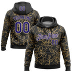 Custom Stitched Black Dark Purple-Cream 3D Pattern Design Golden Subtle Floral Sports Pullover Sweatshirt Hoodie