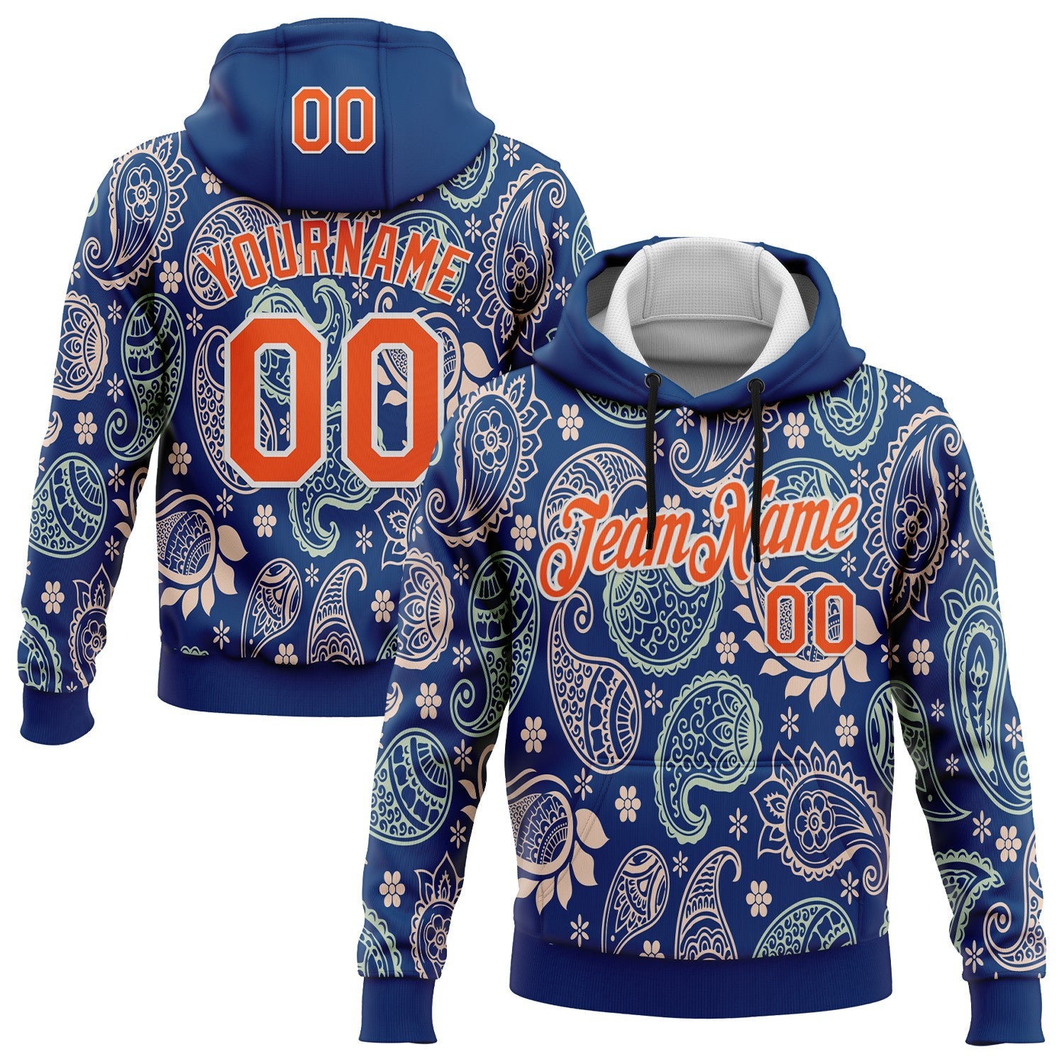Custom Stitched US Navy Blue Orange-White 3D Pattern Design Ethnic Paisley Floral Bandana Sports Pullover Sweatshirt Hoodie