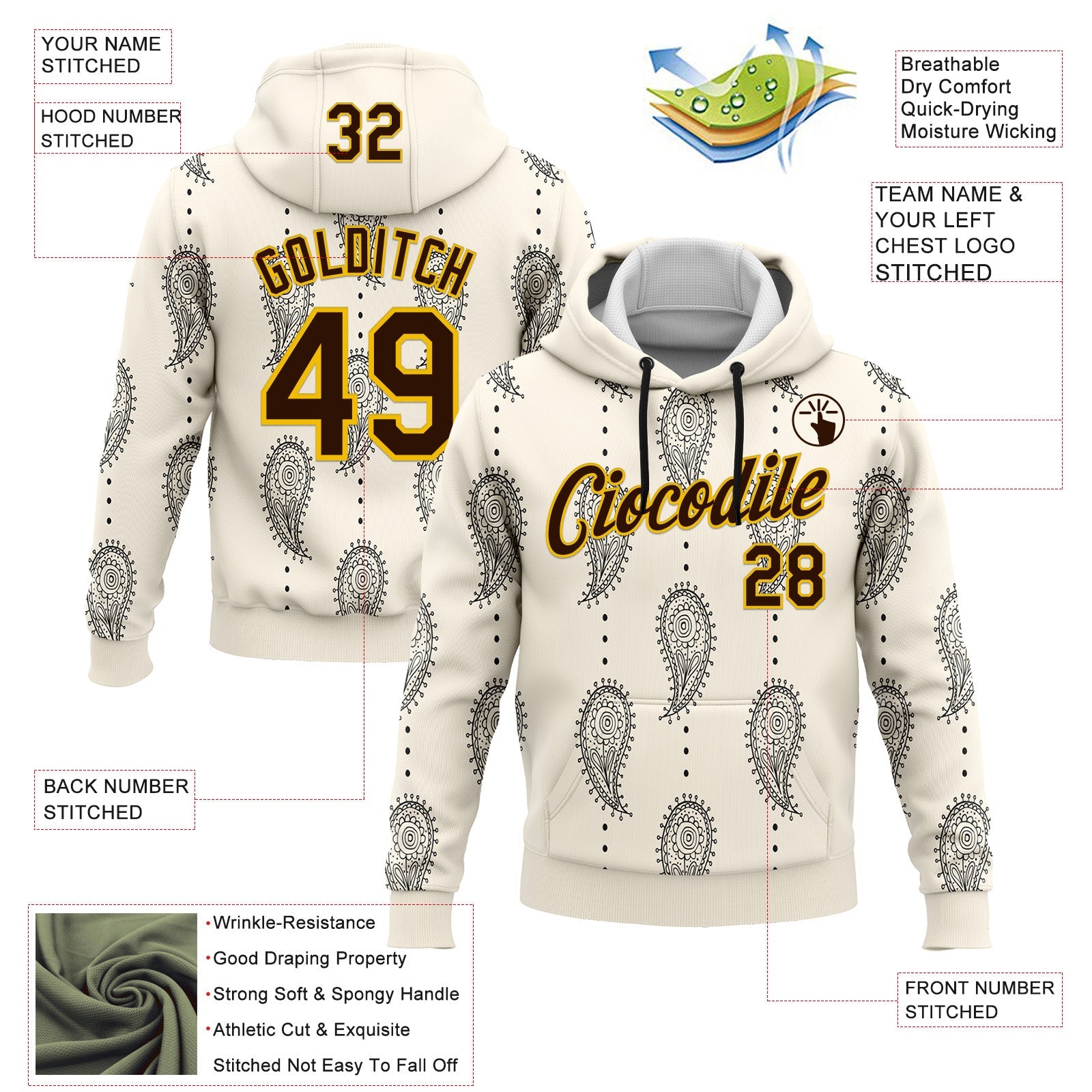 Custom Stitched Cream Brown-Yellow 3D Pattern Design Ethnic Paisley Floral Bandana Sports Pullover Sweatshirt Hoodie