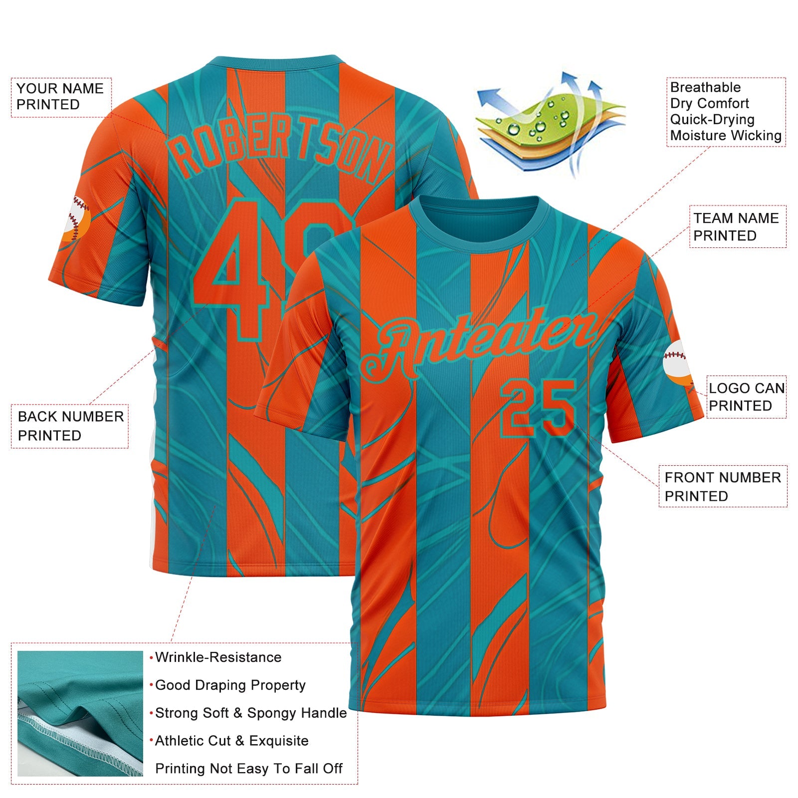 Custom Blue Orange-Aqua 3D Pattern Design Color Block Stripe Sportswear Performance T-Shirt