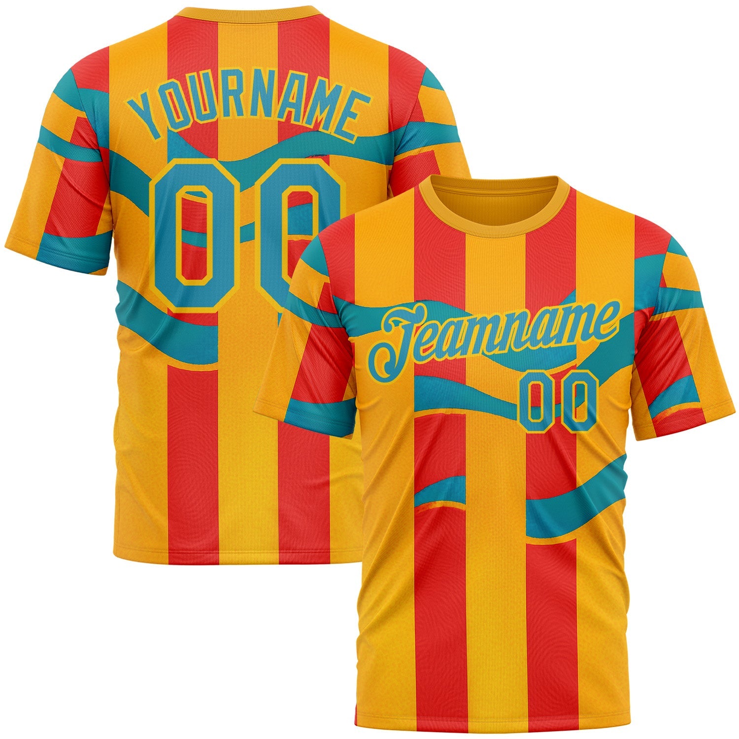 Custom Yellow Panther Blue-Red 3D Pattern Design Color Block Stripe Sportswear Performance T-Shirt