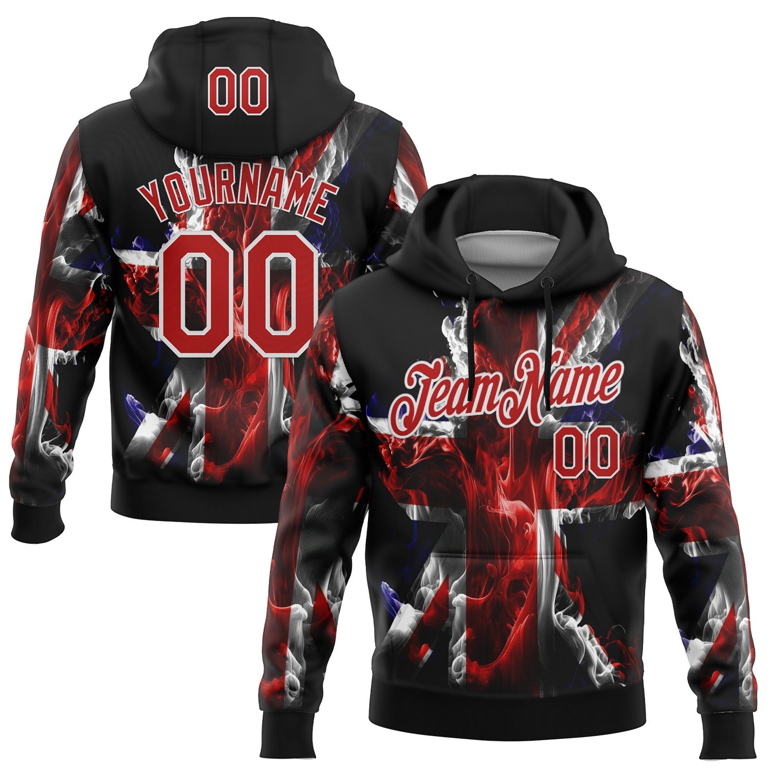 Custom Stitched Black Red-White 3D Pattern Design England Inspired Flame Sportswear Pullover Sweatshirt Hoodie