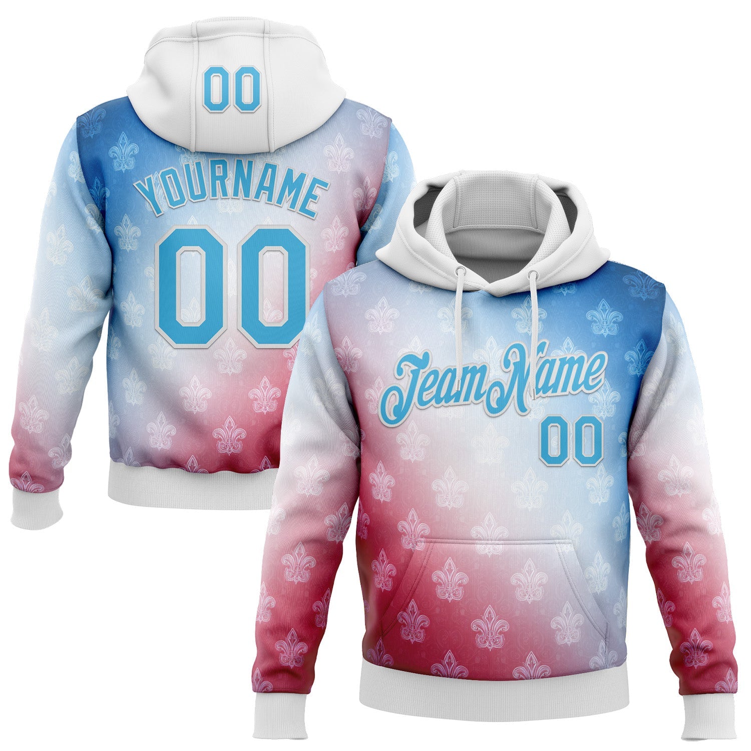Custom Stitched White Sky Blue Red-Blue 3D Pattern Design American French Inspired Sportswear Pullover Sweatshirt Hoodie