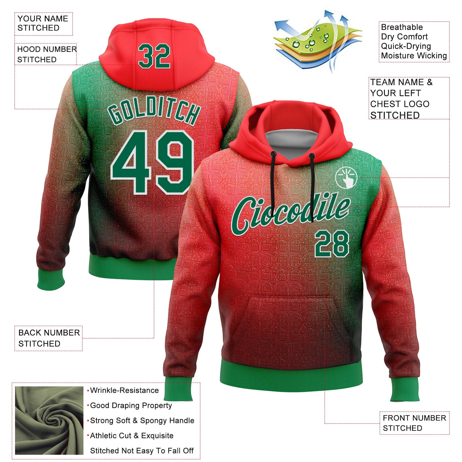 Custom Stitched Red Kelly Green-White 3D Pattern Design Mexico Subtle Sportswear Pullover Sweatshirt Hoodie