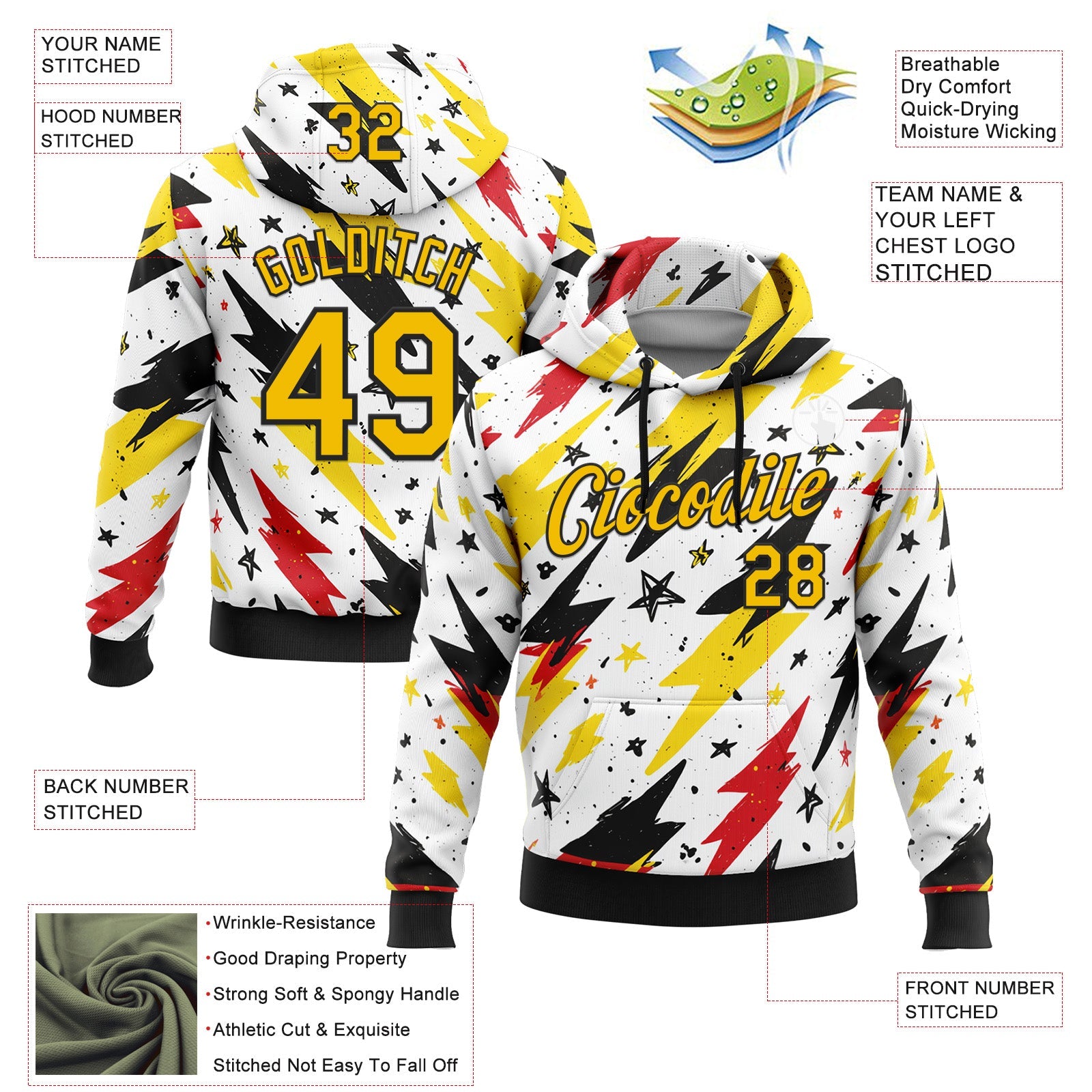 Custom Stitched White Yellow Red-Black 3D Pattern Design Germany Inspired Graffiti Sportswear Pullover Sweatshirt Hoodie