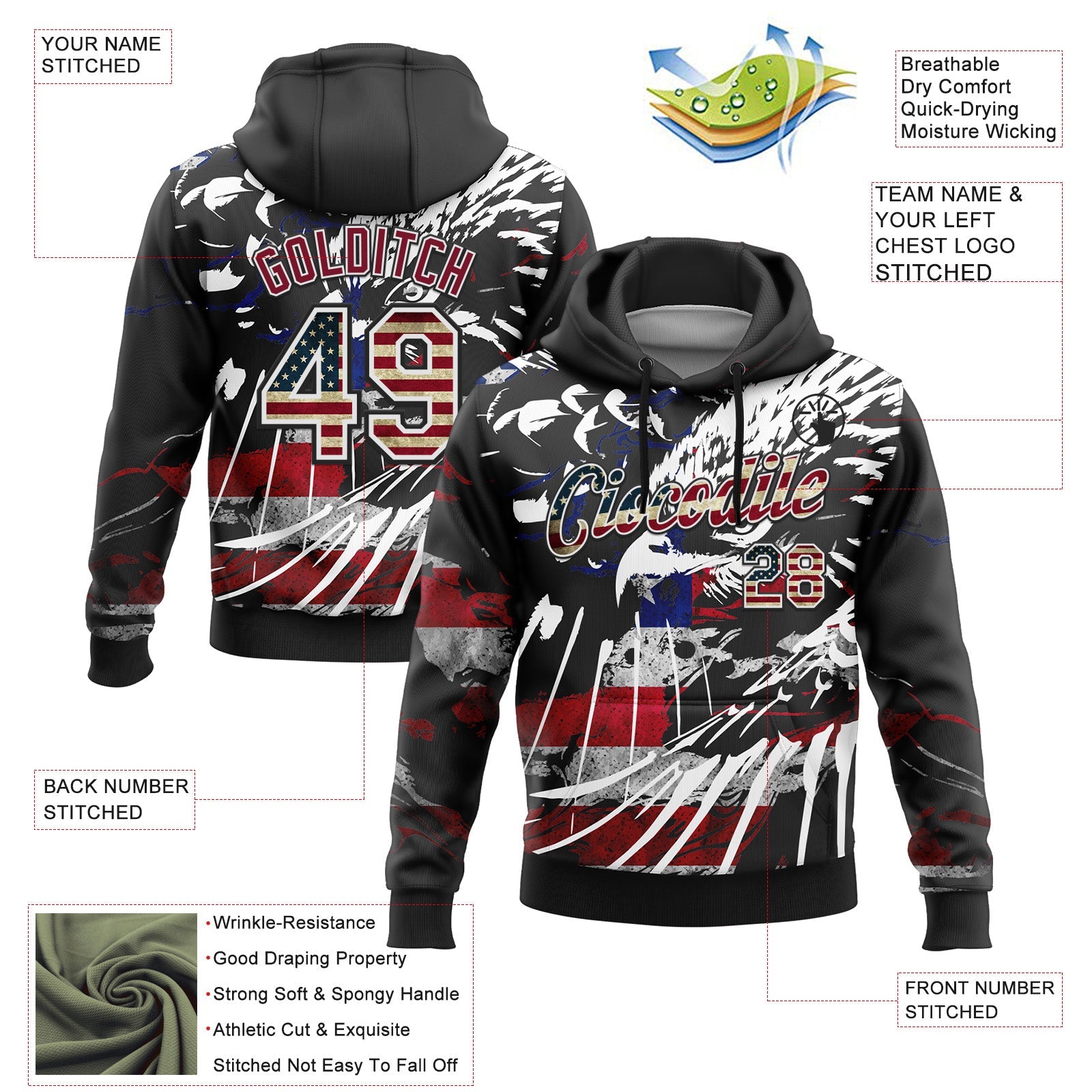 Custom Stitched Black Vintage USA Flag Crimson-White 3D American Flag Retro Distressed Eagle Grunge Sports Pullover Sweatshirt Hoodie