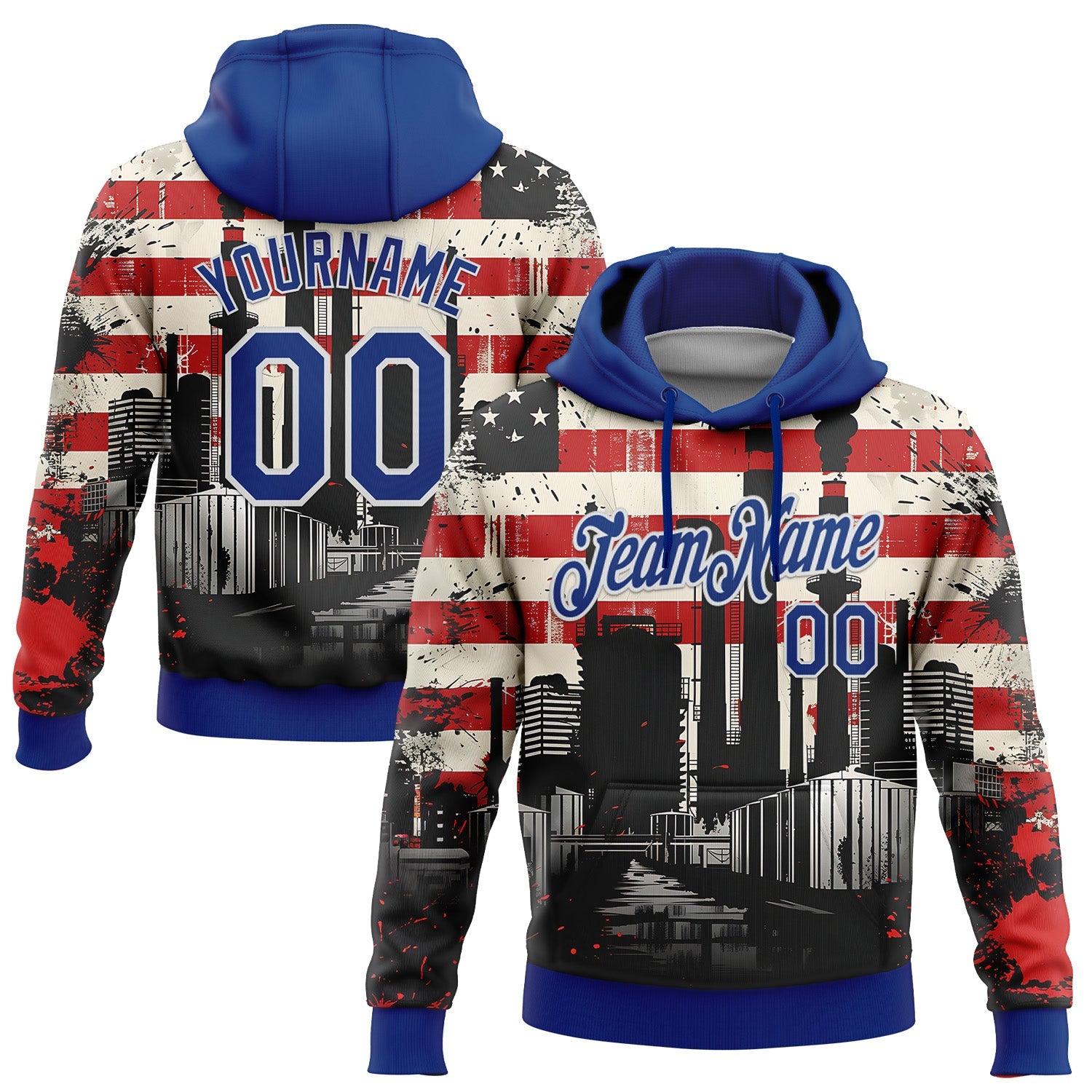 Custom Stitched City Cream Royal Red-White 3D American Flag Retro Distressed Grunge Sports Pullover Sweatshirt Hoodie