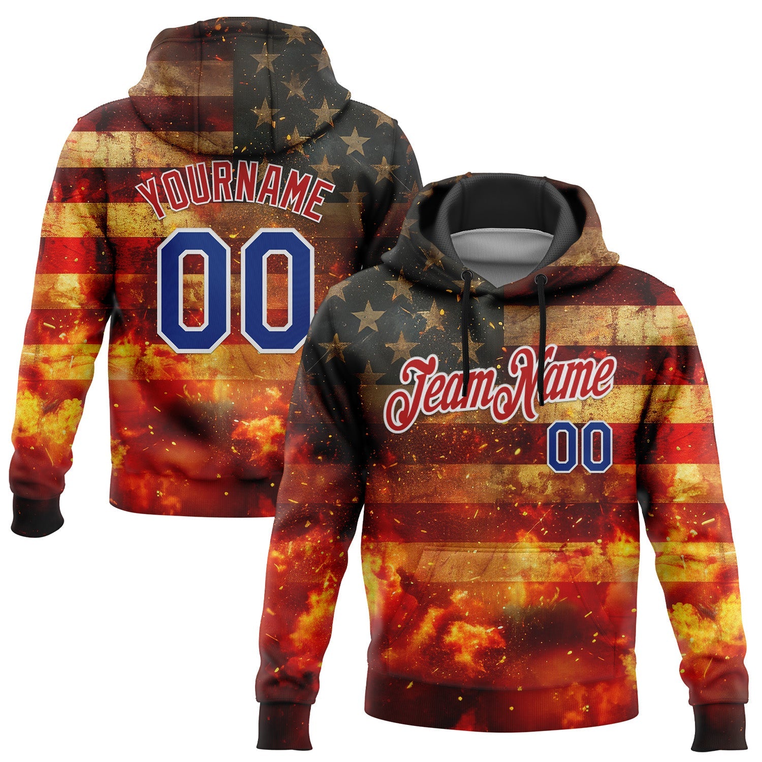 Custom Stitched Red Royal-White 3D American Flag Retro Distressed Flame Grunge Sports Pullover Sweatshirt Hoodie