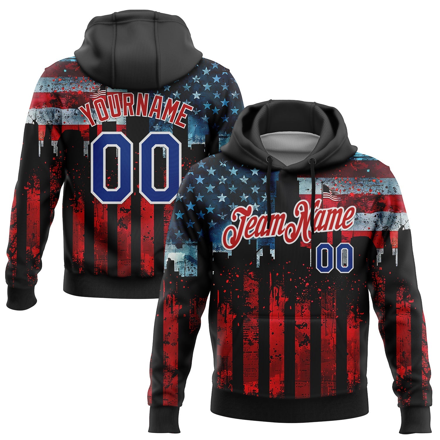 Custom Stitched Black Royal Red-White 3D American Flag Retro Distressed Grunge Sports Pullover Sweatshirt Hoodie