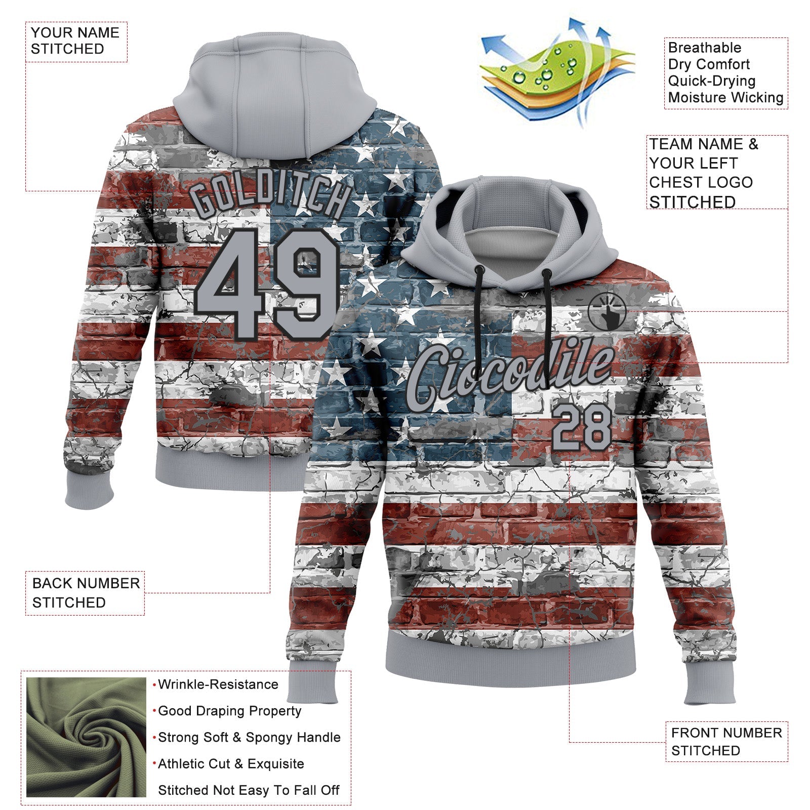 Custom Stitched Gray Red Blue-Black 3D American Flag Retro Distressed Grunge Sports Pullover Sweatshirt Hoodie