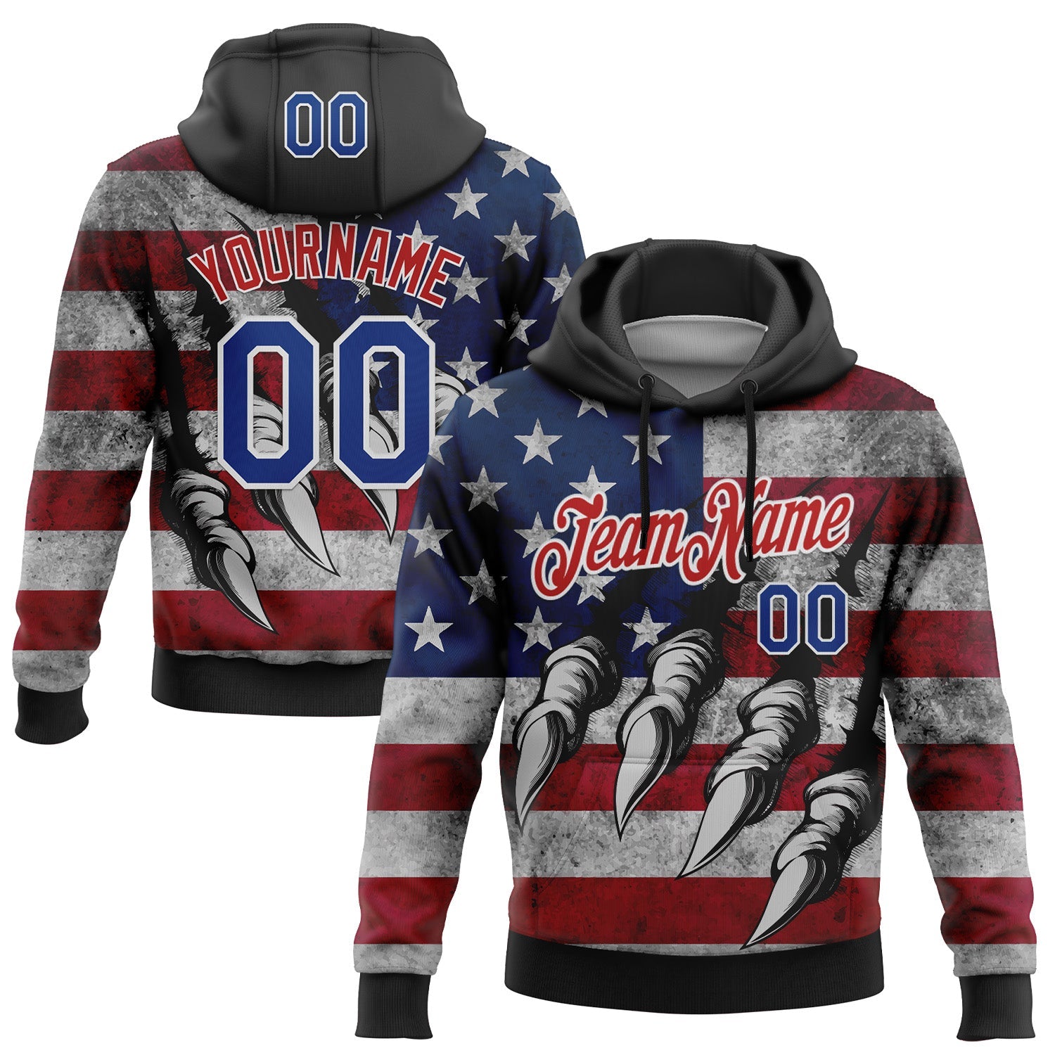 Custom Stitched Black Royal Red-White 3D American Flag Retro Distressed Grunge Sports Pullover Sweatshirt Hoodie