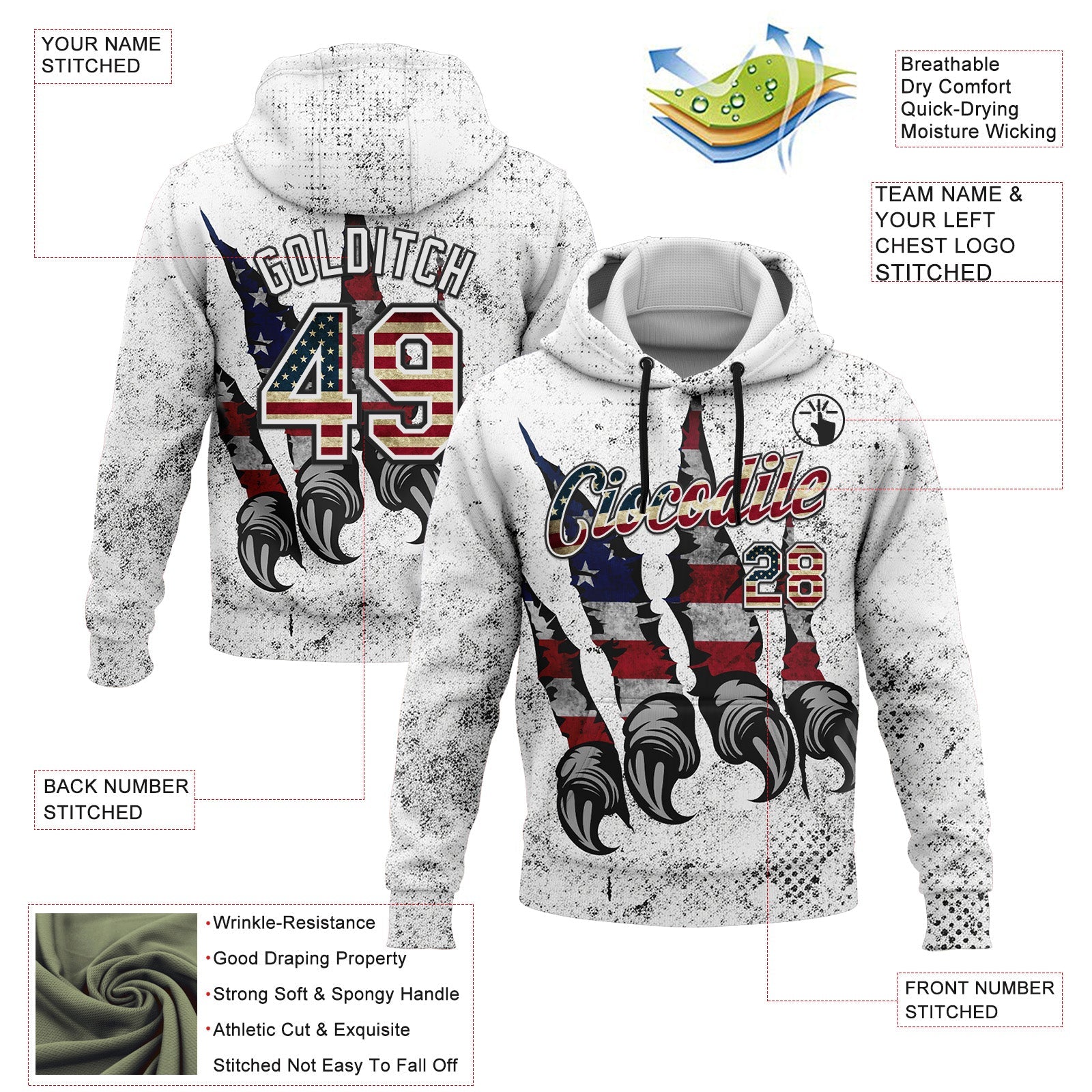 Custom Stitched White Vintage USA Flag-Black 3D American Flag Retro Distressed Grunge Sports Pullover Sweatshirt Hoodie