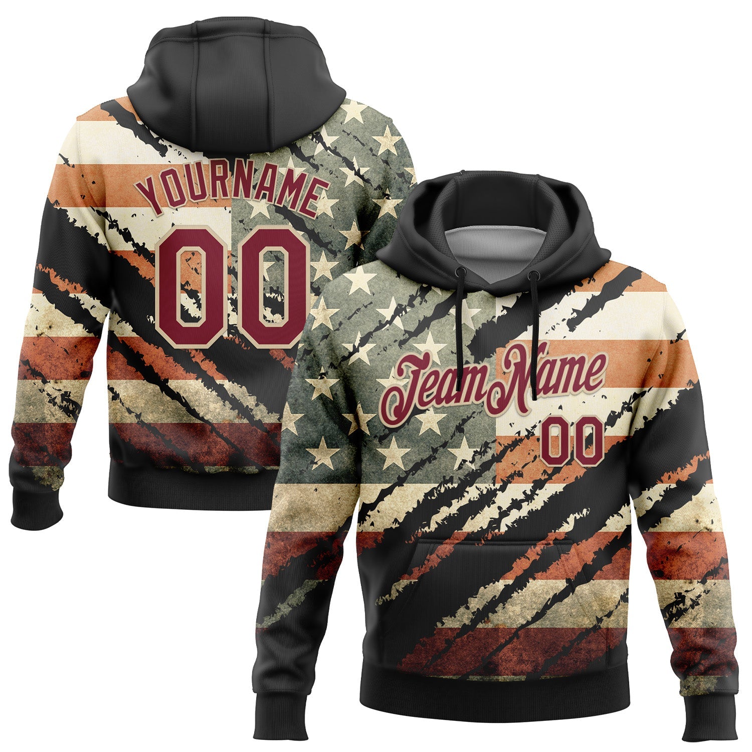Custom Stitched Black Crimson-City Cream 3D American Flag Retro Distressed Grunge Sports Pullover Sweatshirt Hoodie