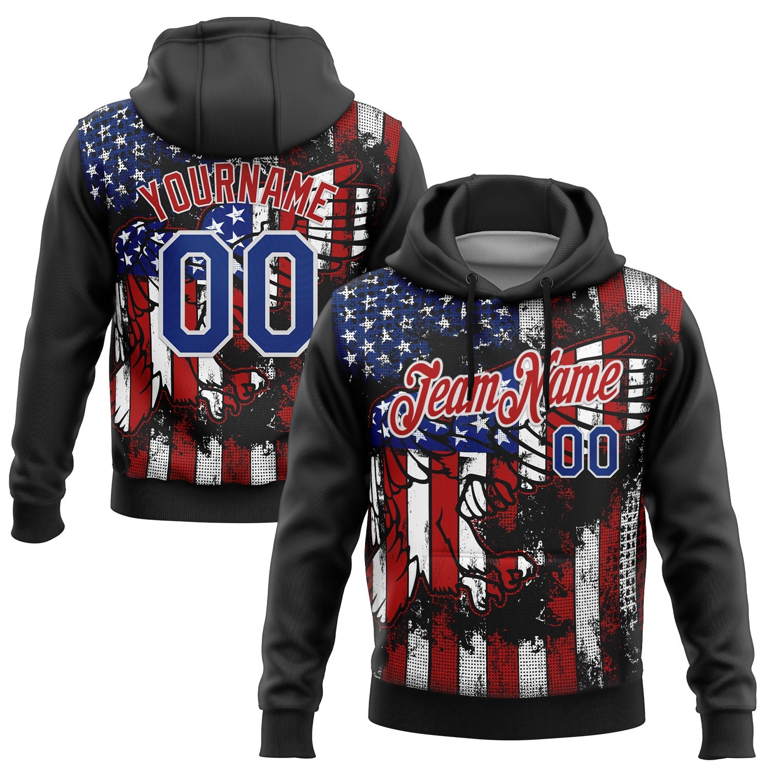 Custom Stitched Black Royal Red-White 3D American Flag Retro Distressed Eagle Grunge Sports Pullover Sweatshirt Hoodie