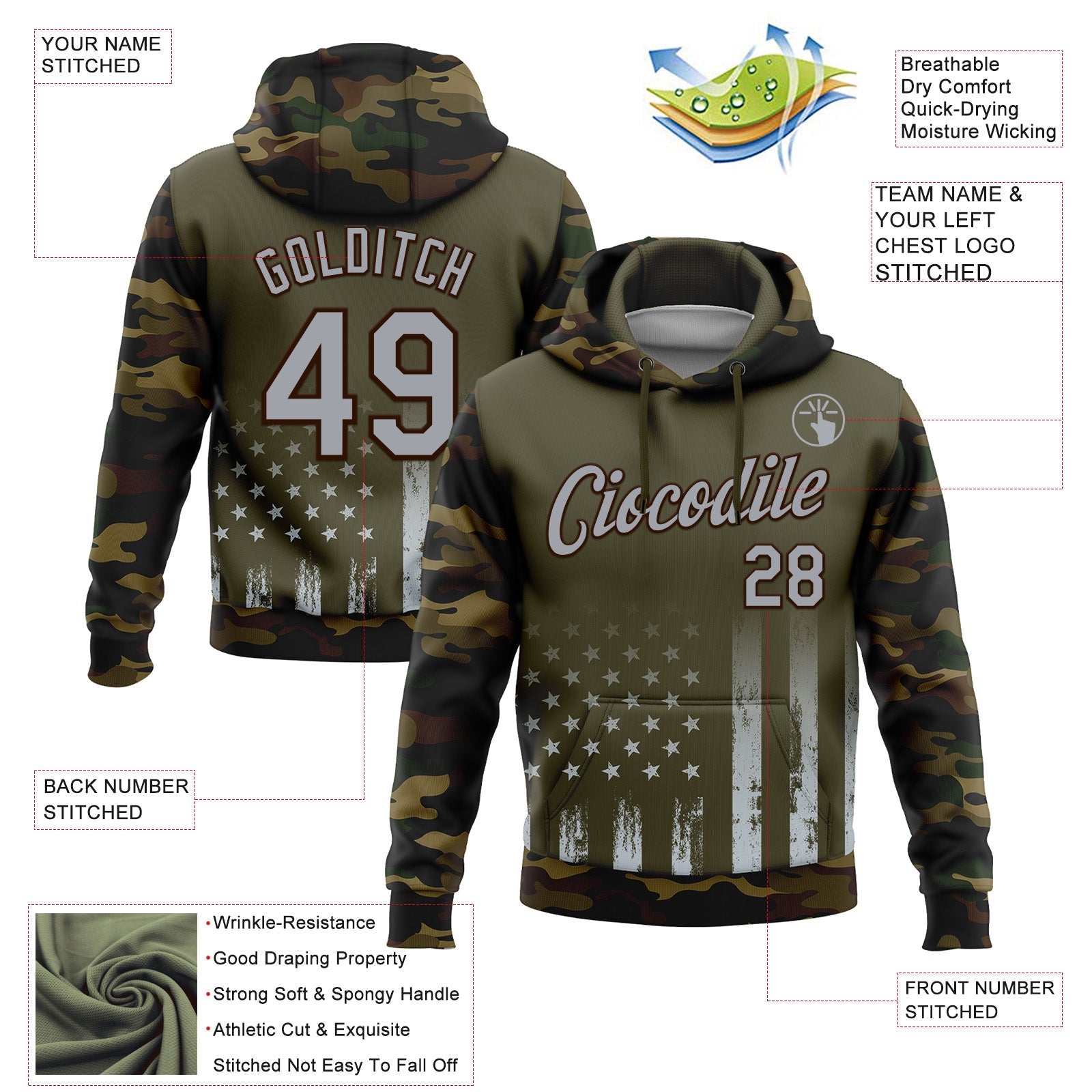 Custom Stitched Olive Gray Camo-Brown 3D American Flag Retro Distressed Grunge Salute To Service Sports Pullover Sweatshirt Hoodie