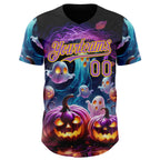 Custom Black Medium Purple-Yellow 3D Halloween Spooky Pumpkin Authentic Baseball Jersey