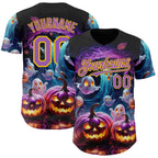 Custom Black Medium Purple-Yellow 3D Halloween Spooky Pumpkin Authentic Baseball Jersey