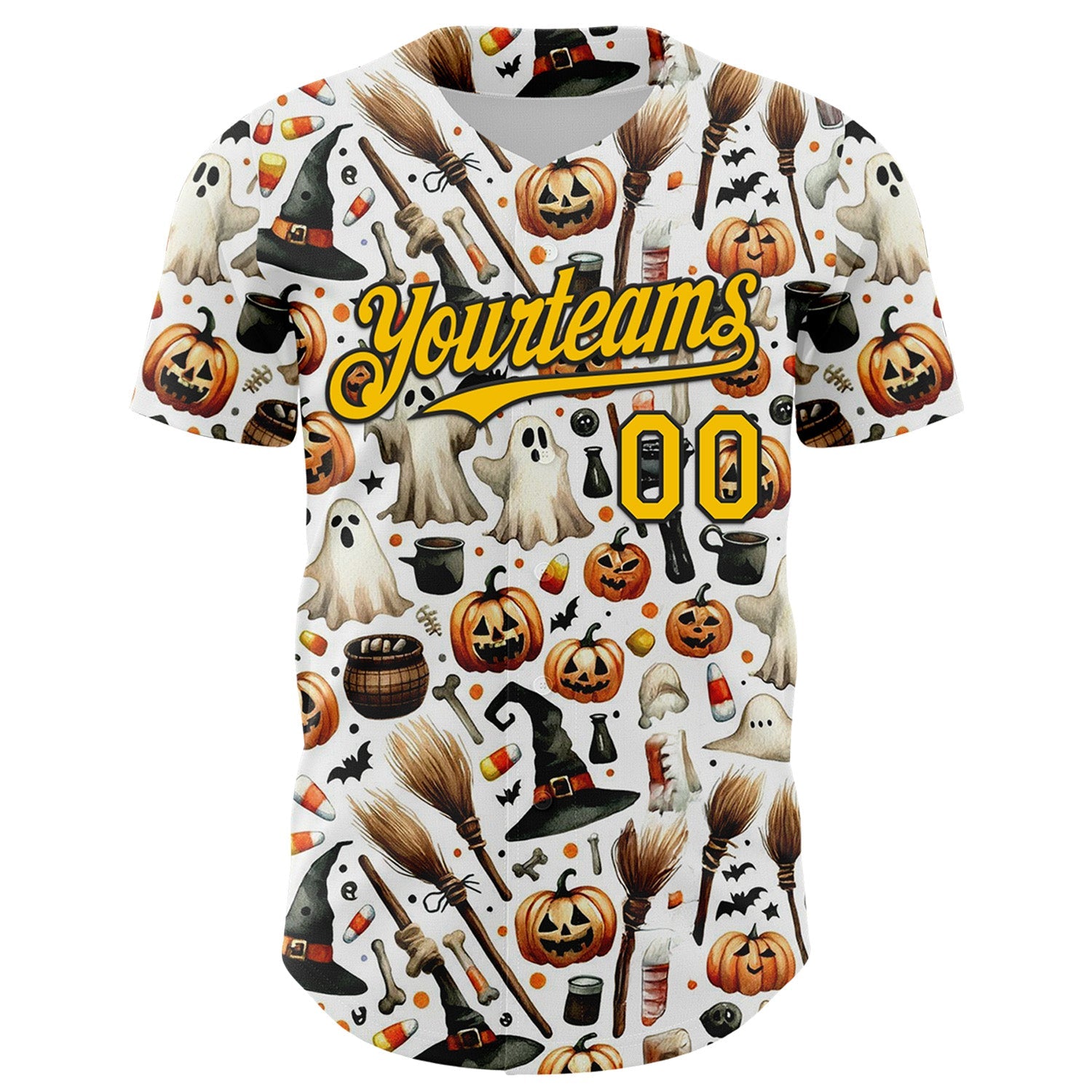 Custom White Yellow-Black 3D Halloween Spooky Pumpkin Authentic Baseball Jersey