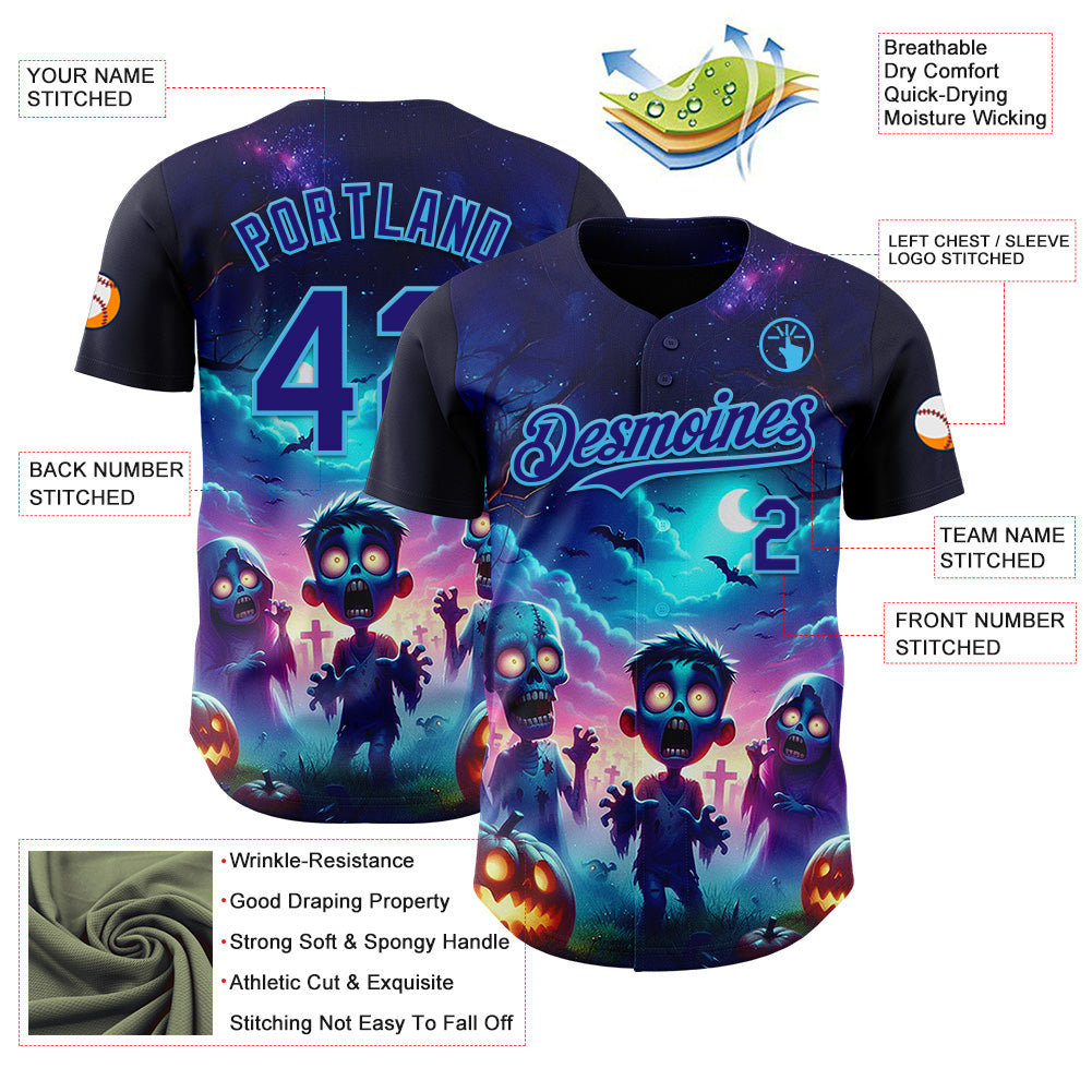 Custom Blue Dark Purple Black-Sky Blue 3D Halloween Spooky Pumpkin Zombies Authentic Baseball Jersey