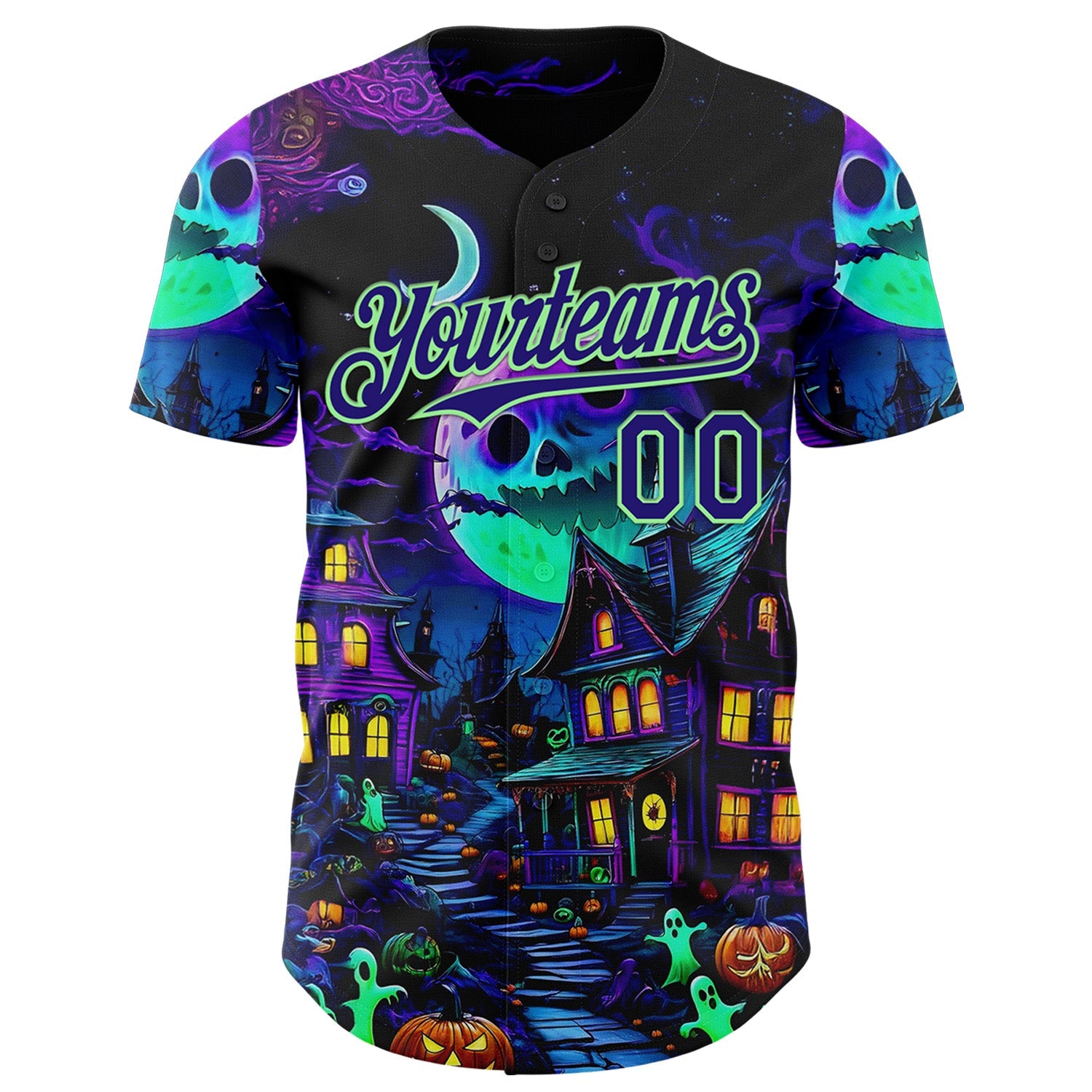 Custom Black Dark Purple-Pea Green 3D Halloween Spooky Pumpkin Authentic Baseball Jersey