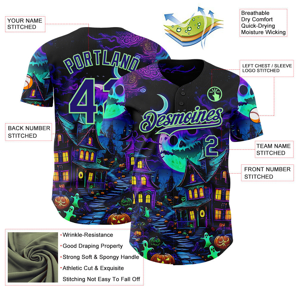 Custom Black Dark Purple-Pea Green 3D Halloween Spooky Pumpkin Authentic Baseball Jersey