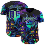 Custom Black Dark Purple-Pea Green 3D Halloween Spooky Pumpkin Authentic Baseball Jersey