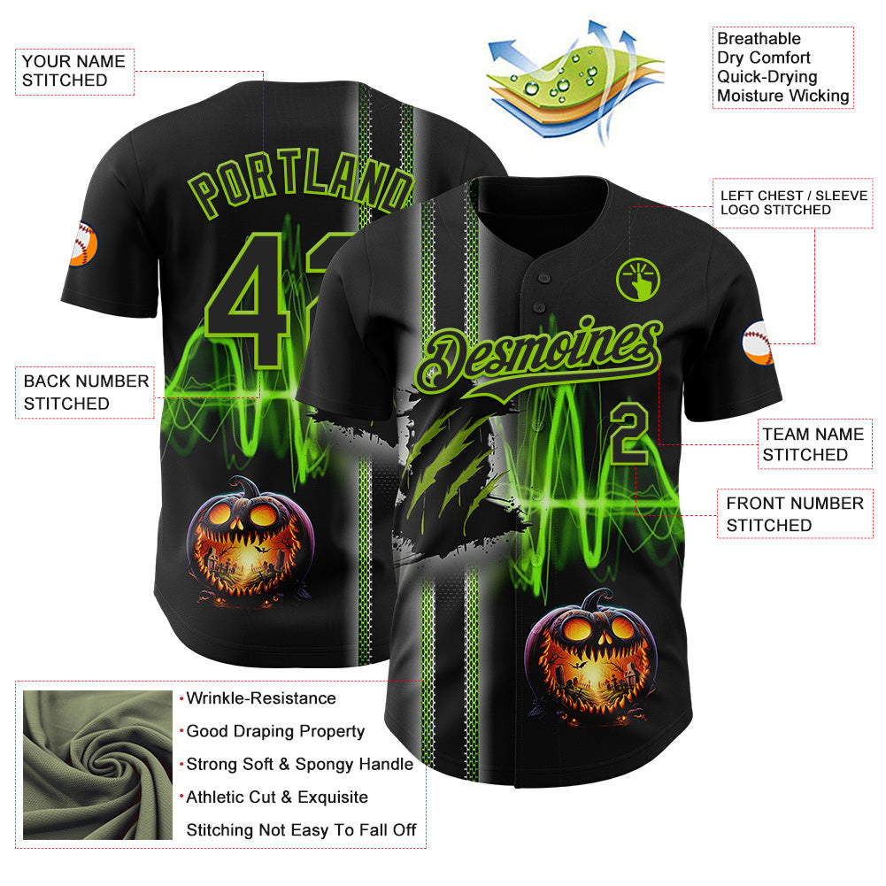 Custom Black Neon Green 3D Halloween Spooky Pumpkin Scratch Authentic Baseball Jersey