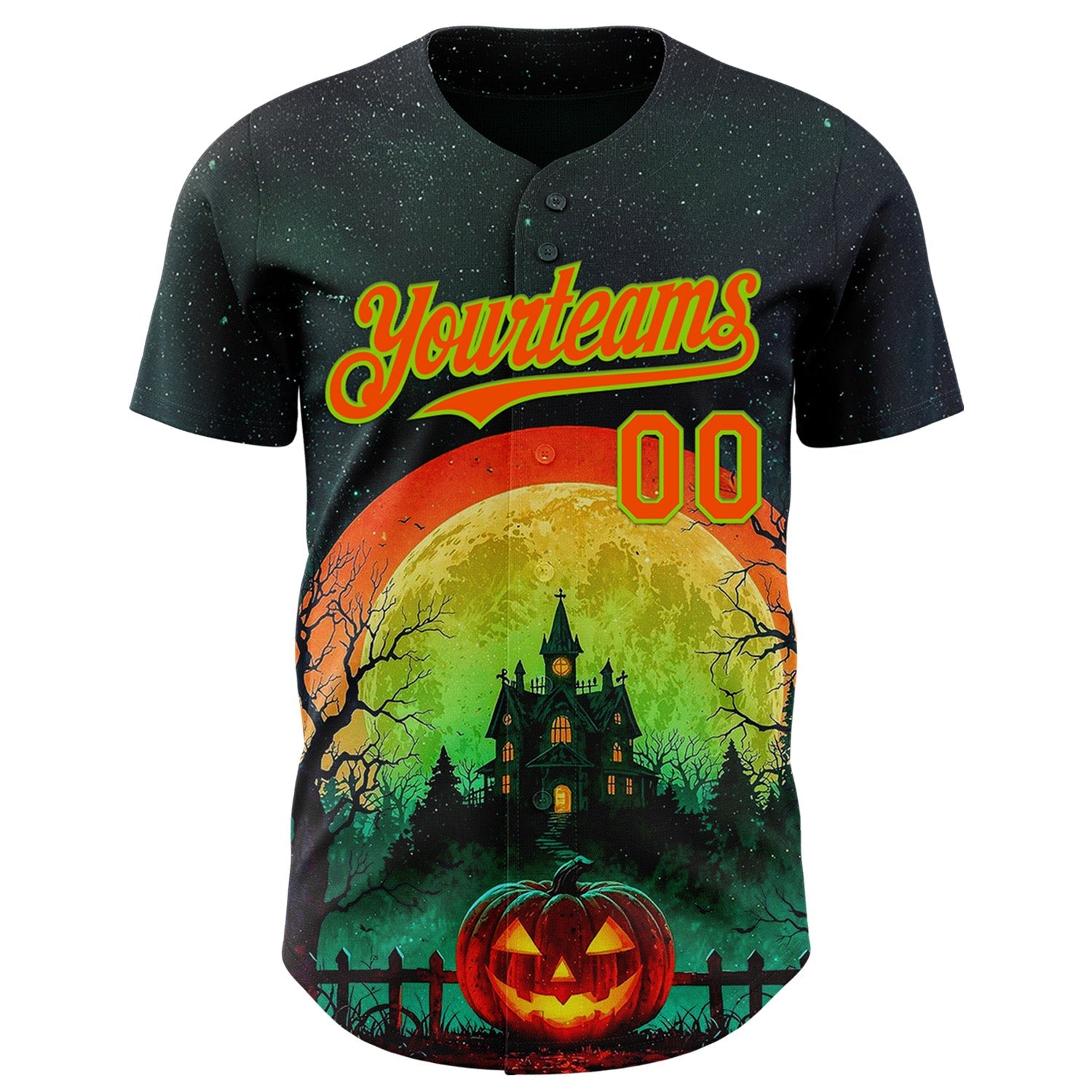 Custom Black Orange-Neon Green 3D Halloween Spooky Pumpkin Authentic Baseball Jersey