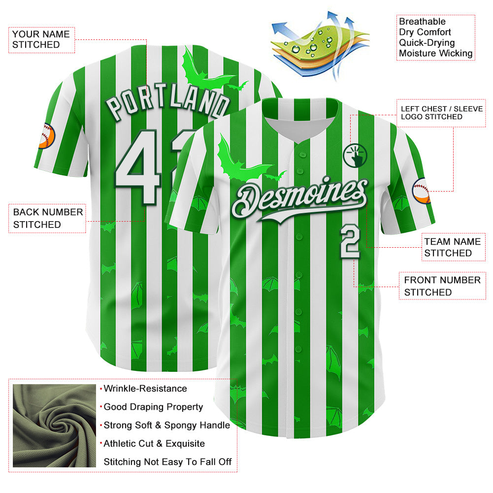 Custom White Green 3D Halloween Spooky Bat Stripe Authentic Baseball Jersey