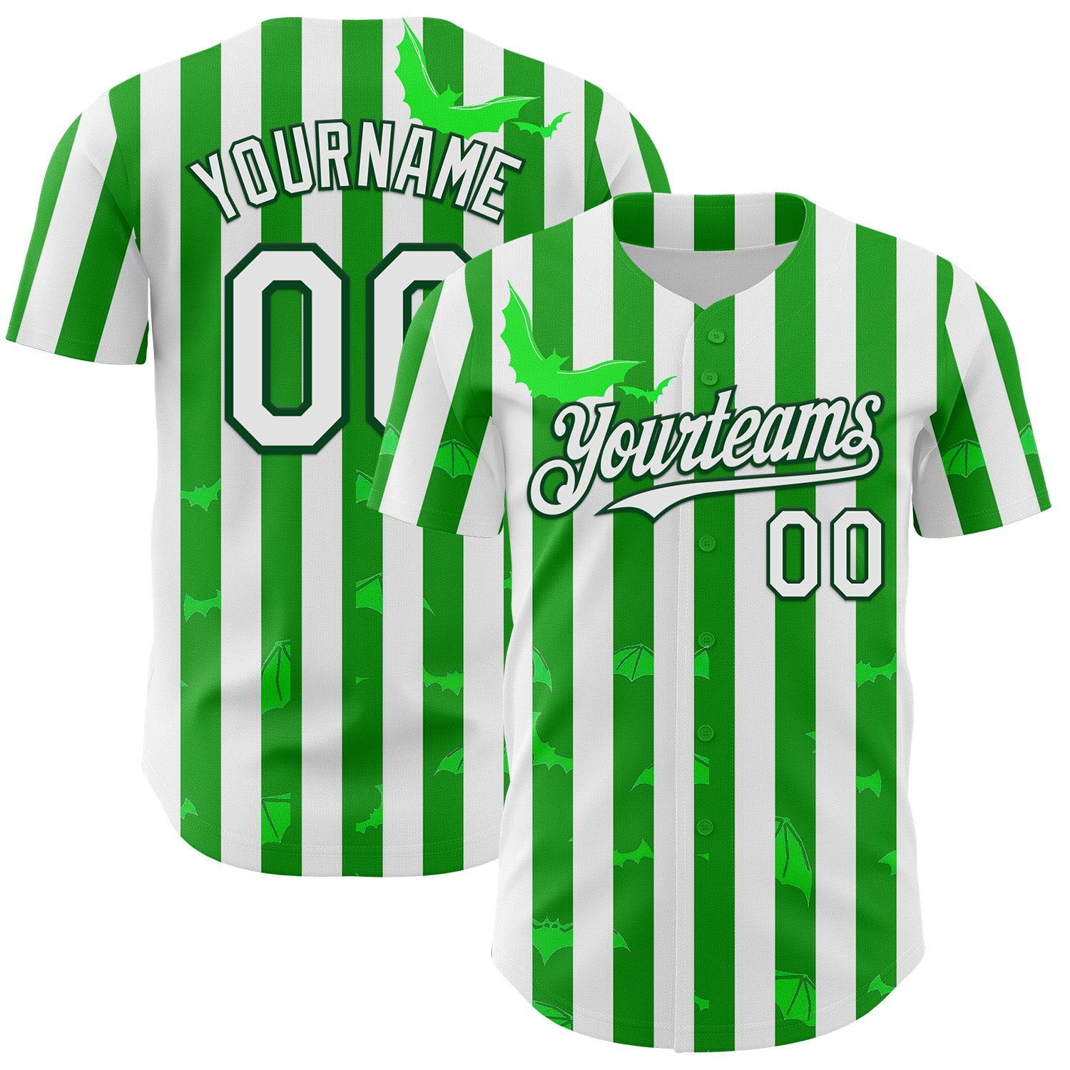 Custom White Green 3D Halloween Spooky Bat Stripe Authentic Baseball Jersey