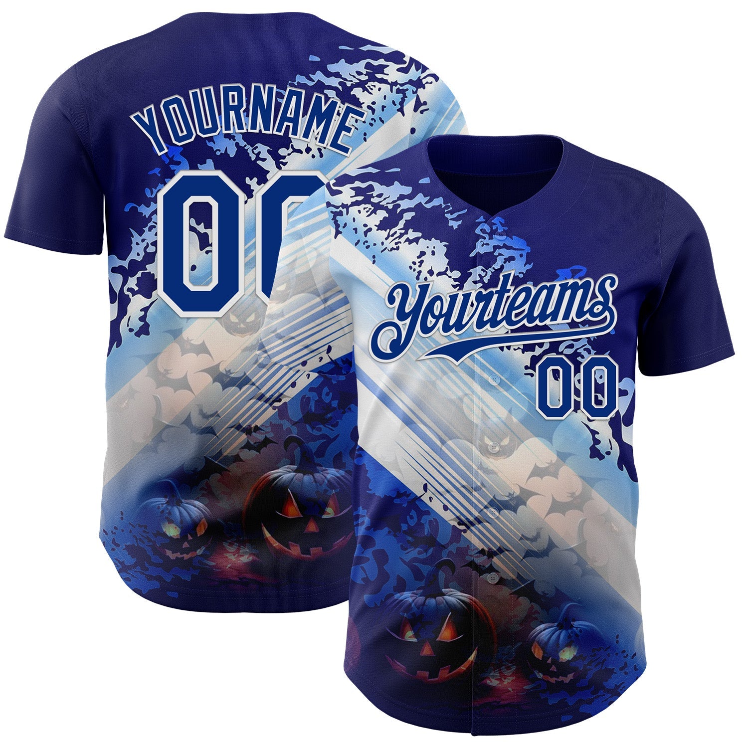 Custom Blue Royal-White 3D Halloween Spooky Pumpkin Bat Authentic Baseball Jersey