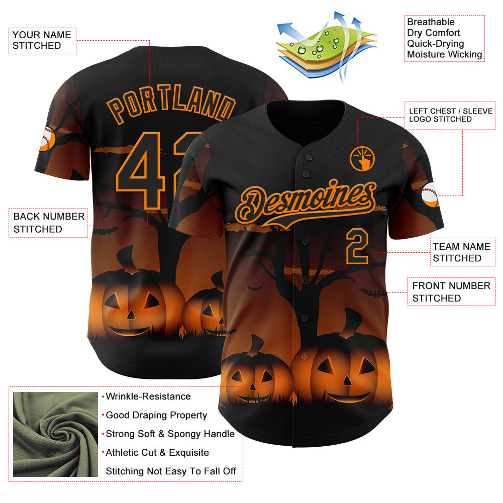 Custom Black Bay Orange 3D Halloween Spooky Pumpkin Authentic Baseball Jersey