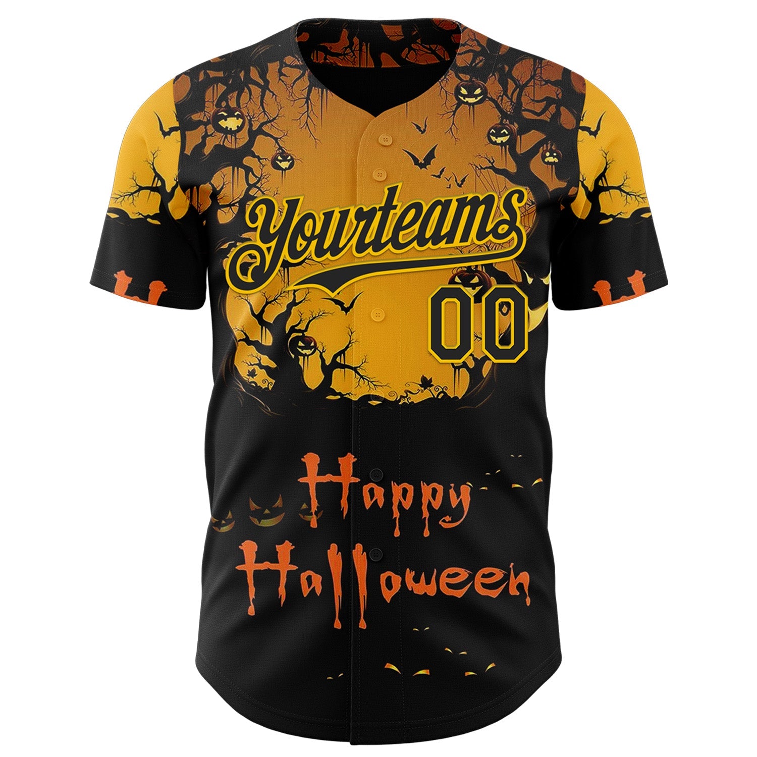 Custom Yellow Black 3D Halloween Spooky Pumpkin Authentic Baseball Jersey