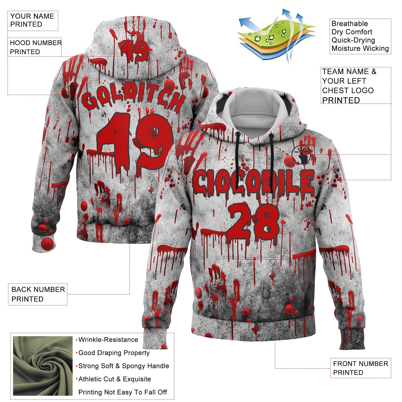 Custom Gray Red-Black 3D Halloween Creepy Blood Horror Sports Pullover Sweatshirt Hoodie