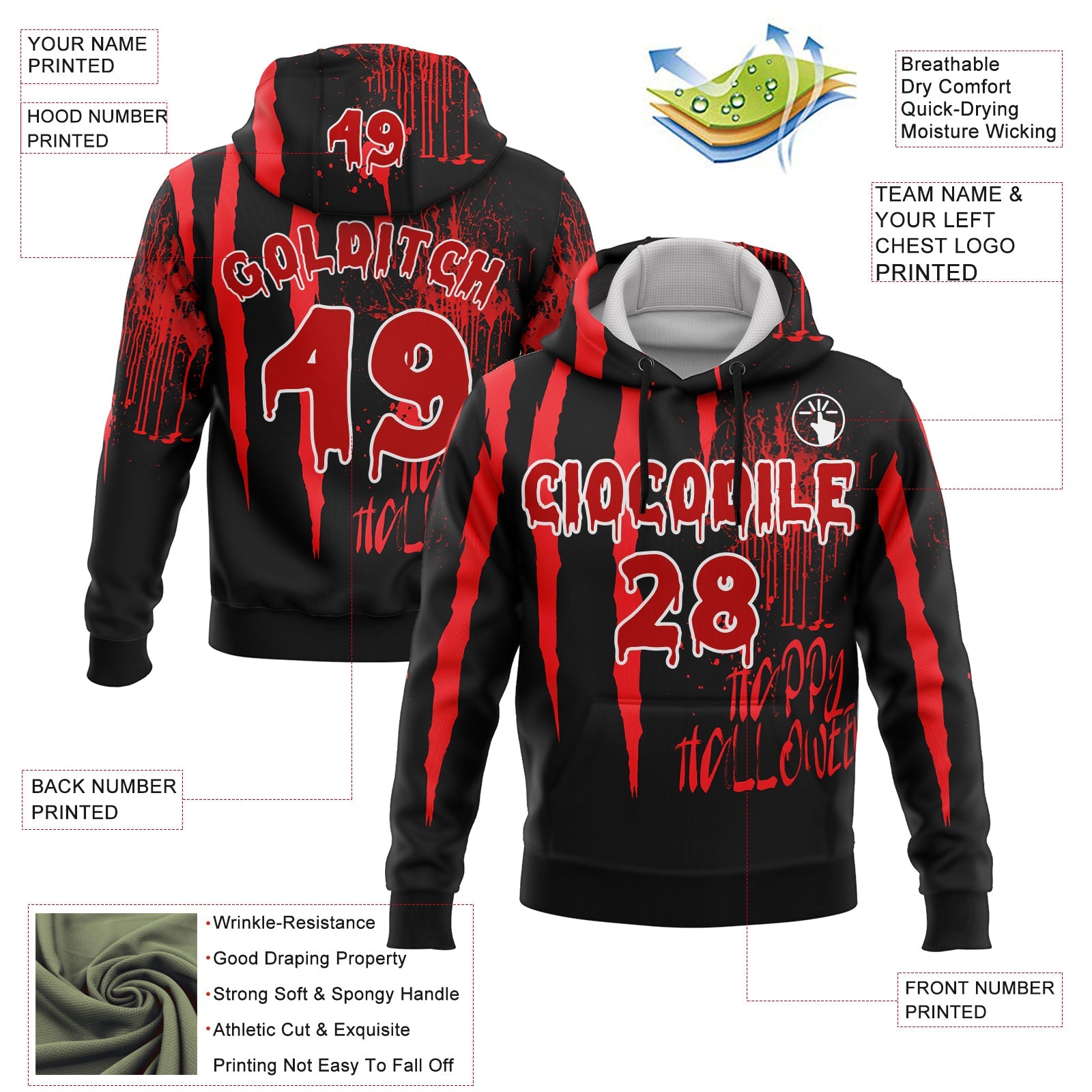 Custom Black Red-White 3D Halloween Creepy Blood Horror Sports Pullover Sweatshirt Hoodie