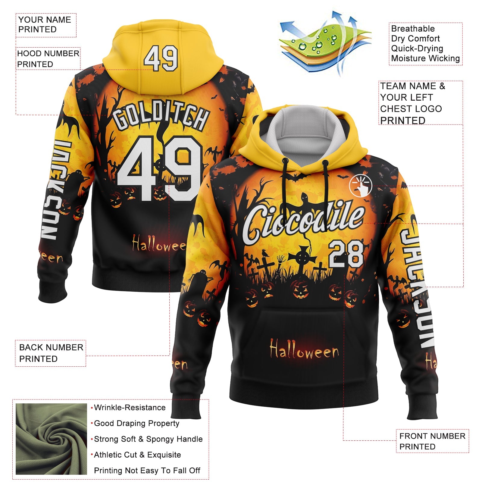 Custom Yellow White-Black 3D Halloween Bat Spooky Sports Pullover Sweatshirt Hoodie