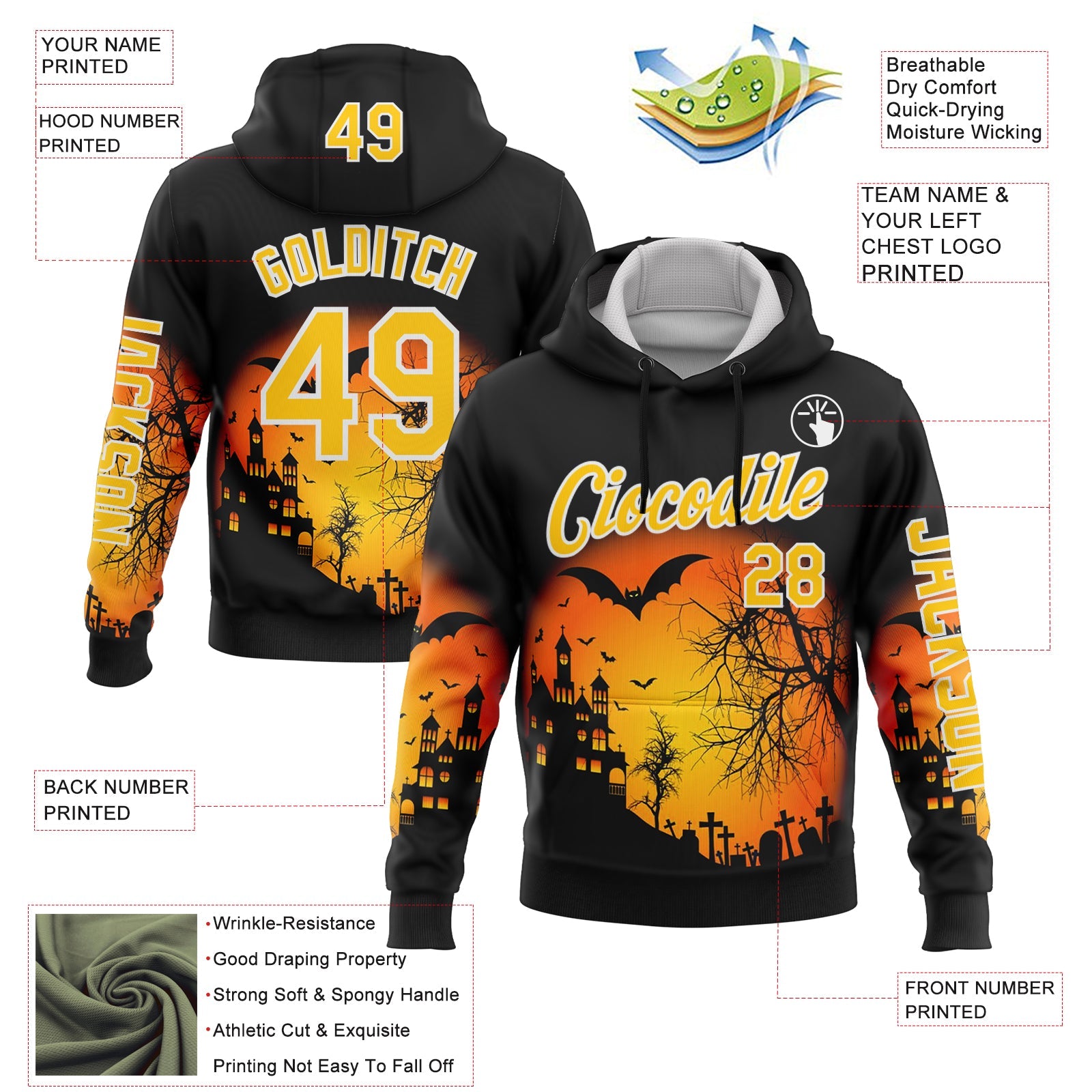 Custom Black Yellow-White 3D Halloween Bat Spooky Sports Pullover Sweatshirt Hoodie