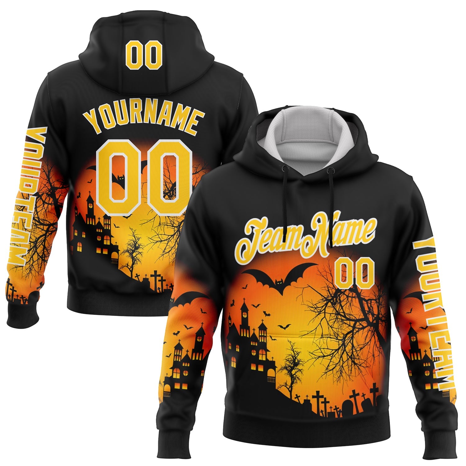 Custom Black Yellow-White 3D Halloween Bat Spooky Sports Pullover Sweatshirt Hoodie