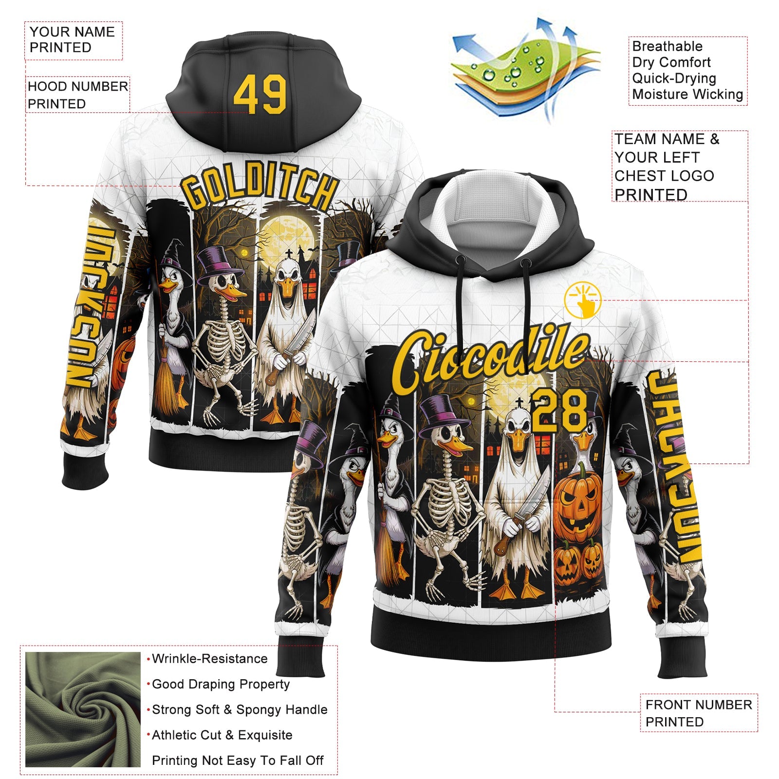 Custom White Yellow-Black 3D Halloween Pumpkin Spooky Sports Pullover Sweatshirt Hoodie