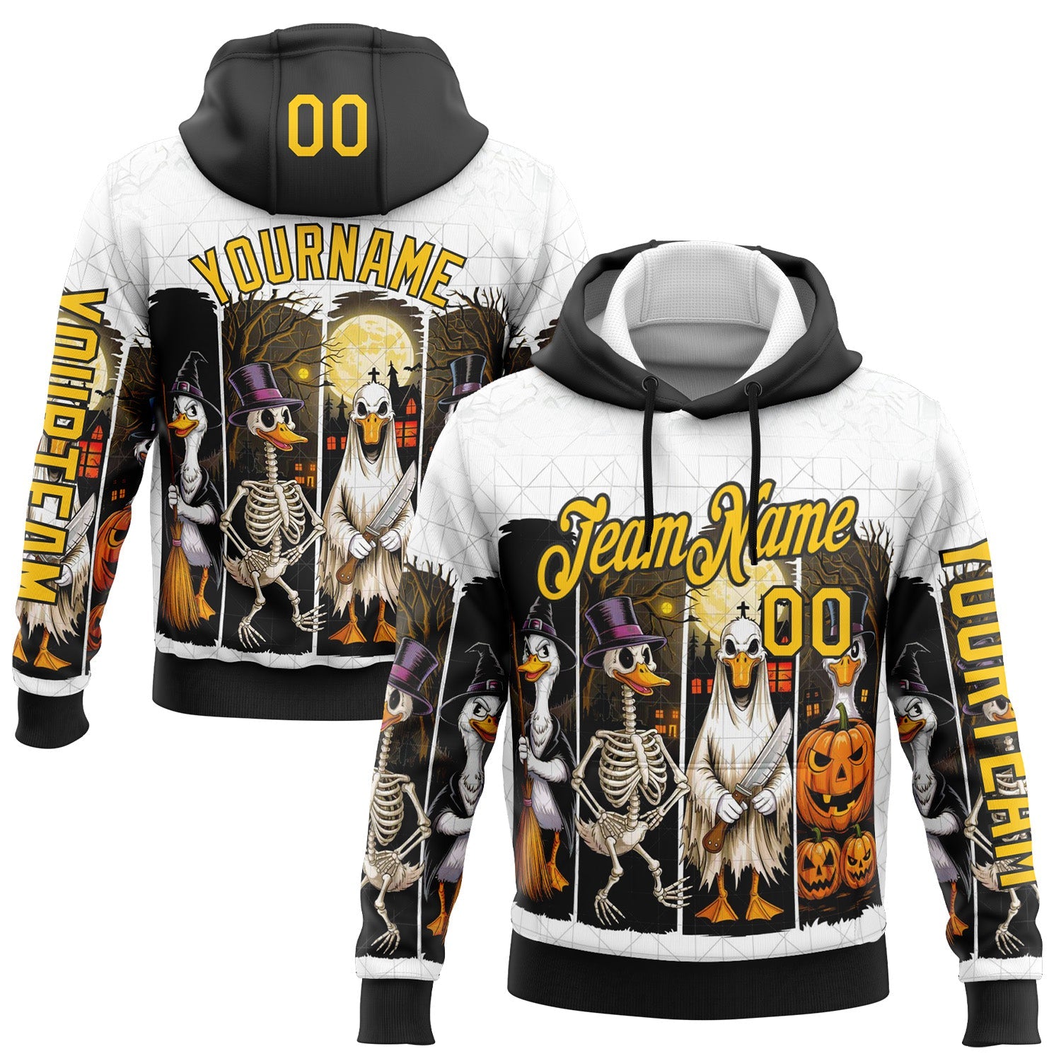 Custom White Yellow-Black 3D Halloween Pumpkin Spooky Sports Pullover Sweatshirt Hoodie