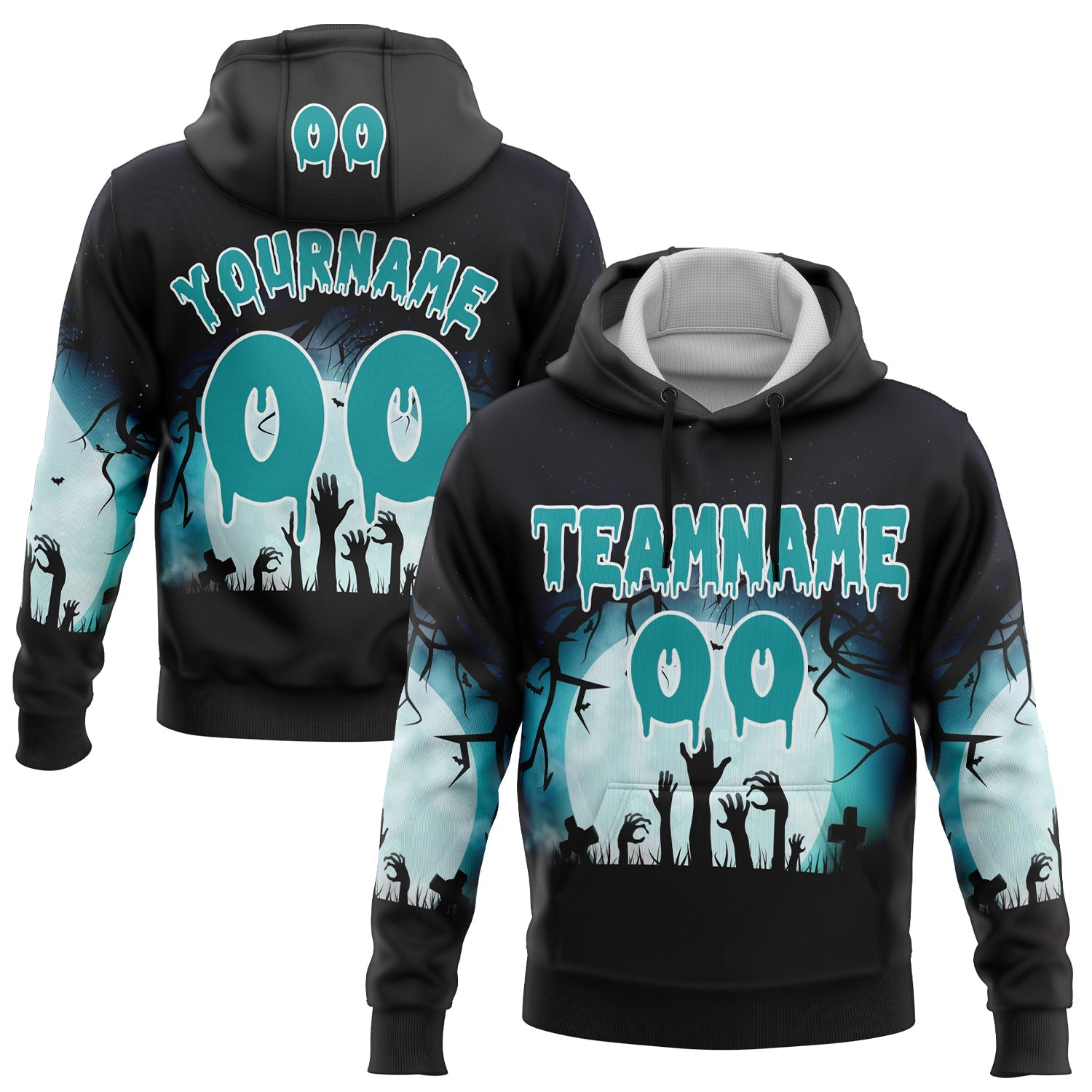 Custom Black Teal-White 3D Halloween Zombies Spooky Sports Pullover Sweatshirt Hoodie
