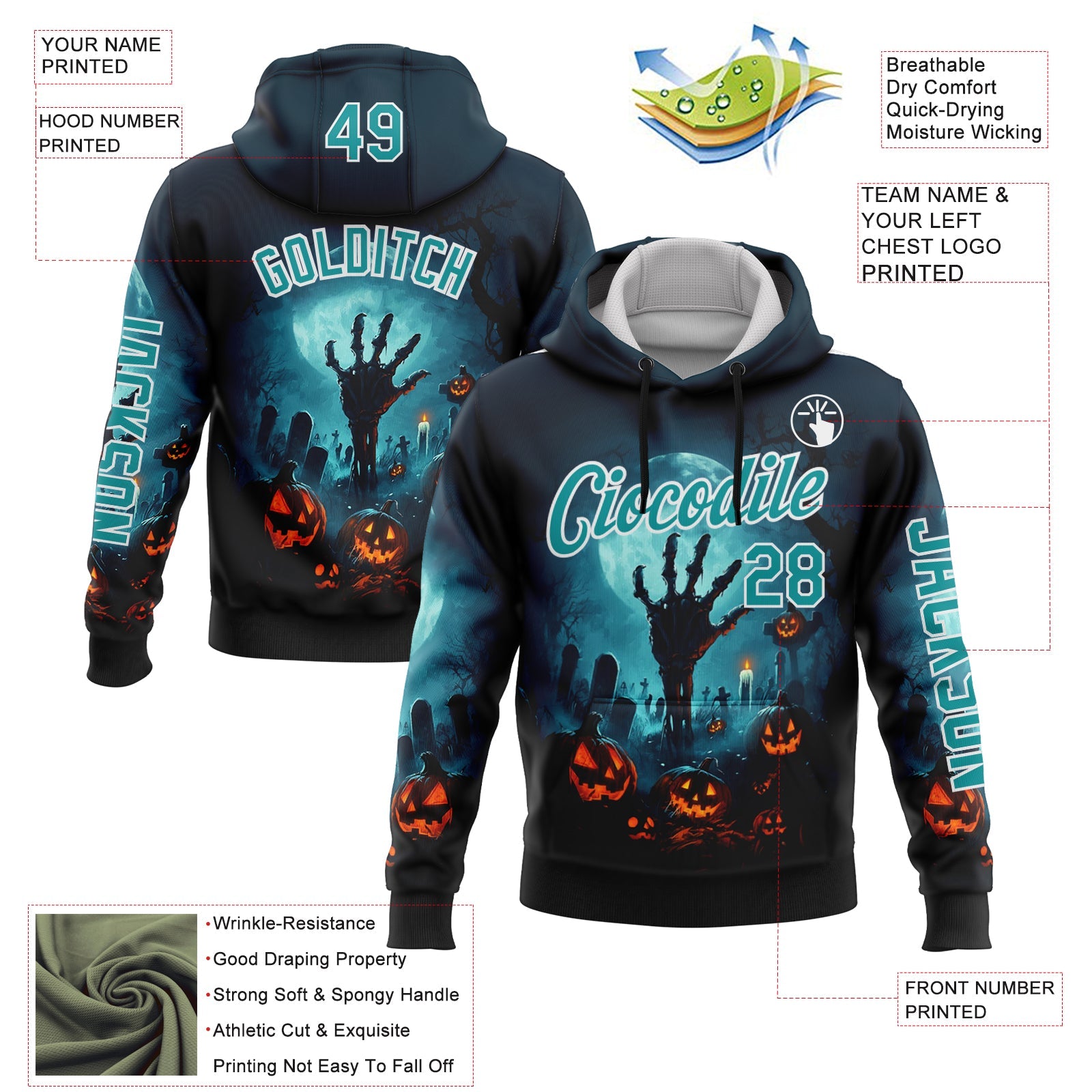 Custom Blue Teal-White 3D Halloween Zombies Spooky Sports Pullover Sweatshirt Hoodie