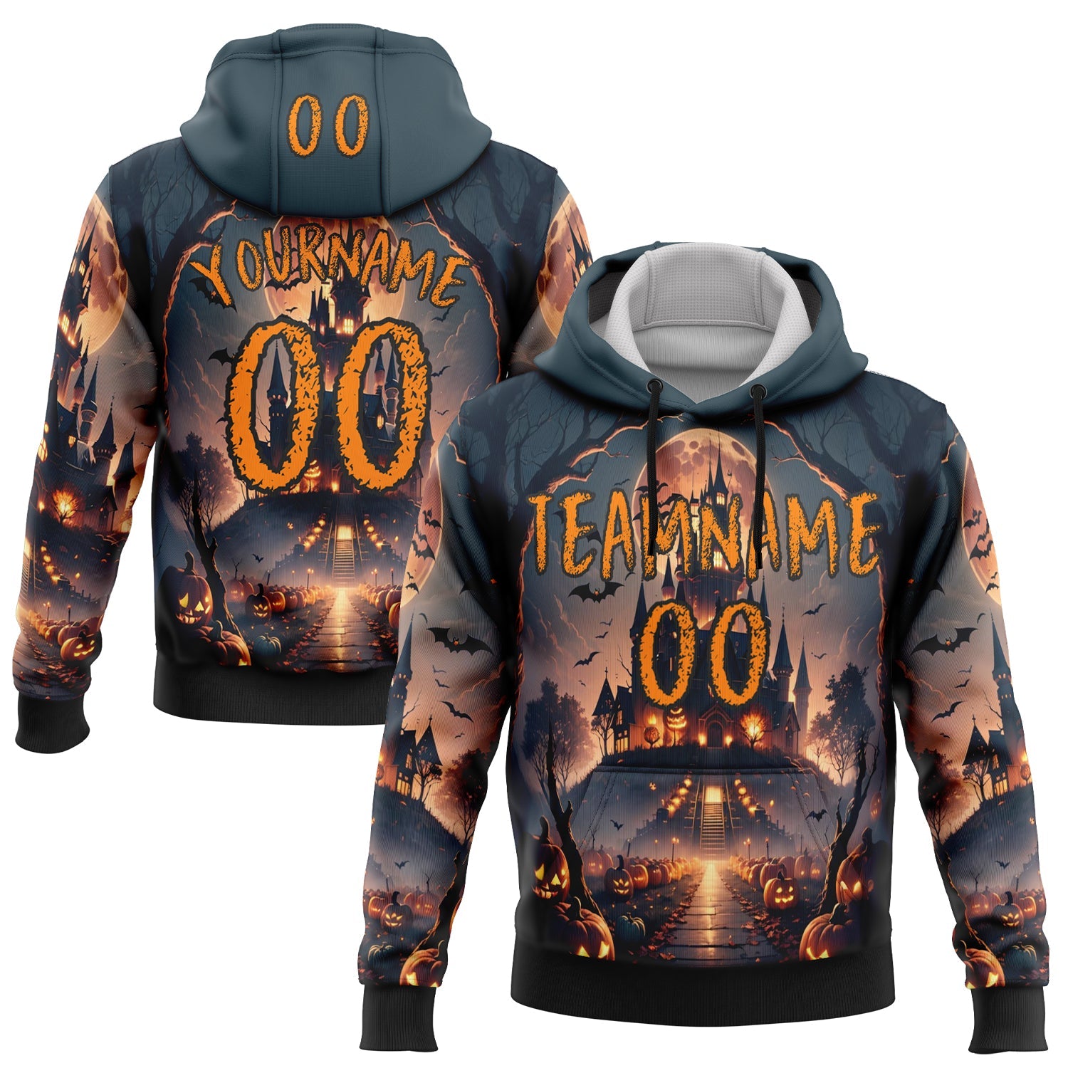 Custom Blue Bay Orange-Black 3D Halloween Pumpkin Spooky Sports Pullover Sweatshirt Hoodie