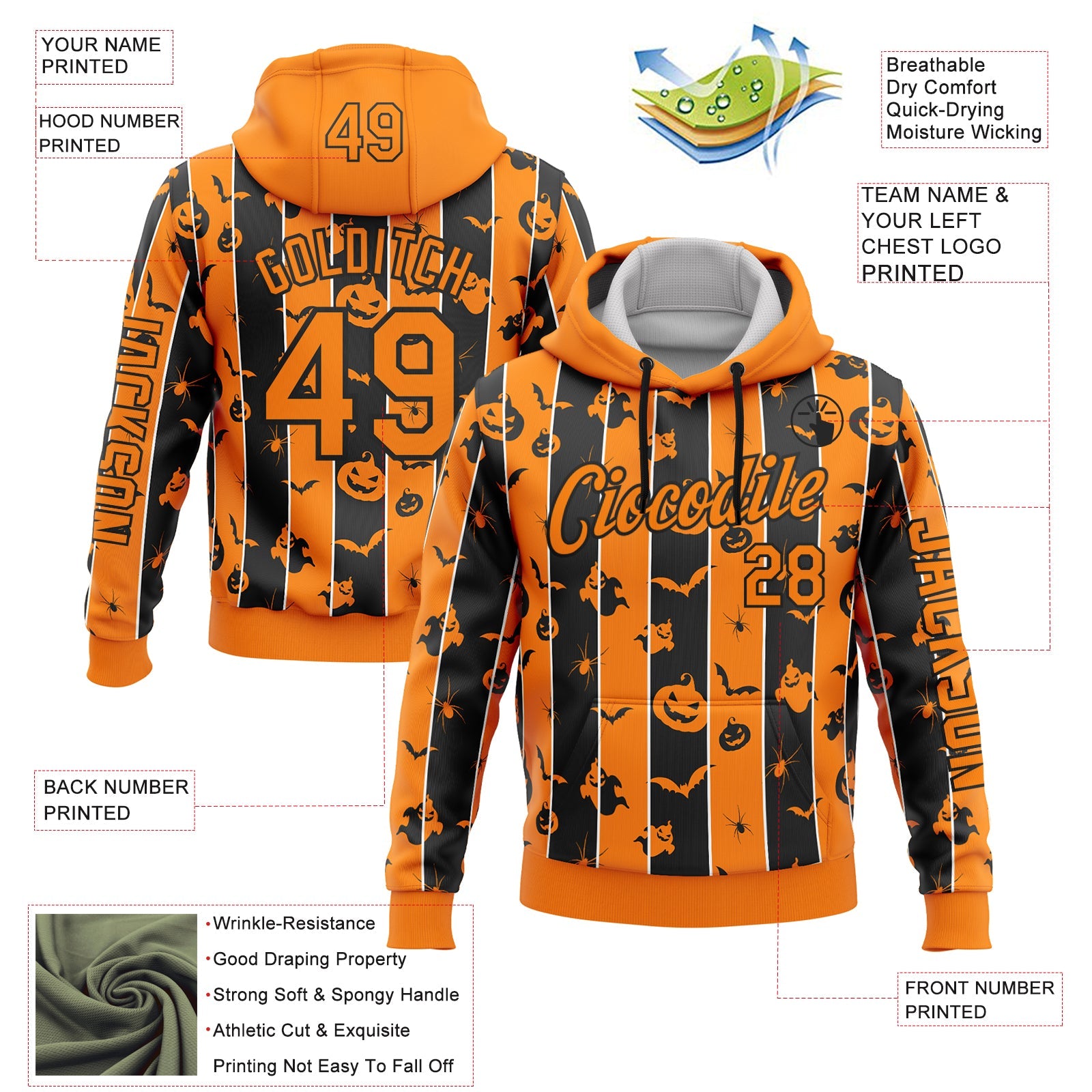 Custom Bay Orange Black 3D Halloween Pumpkin Spooky Stripe Sports Pullover Sweatshirt Hoodie