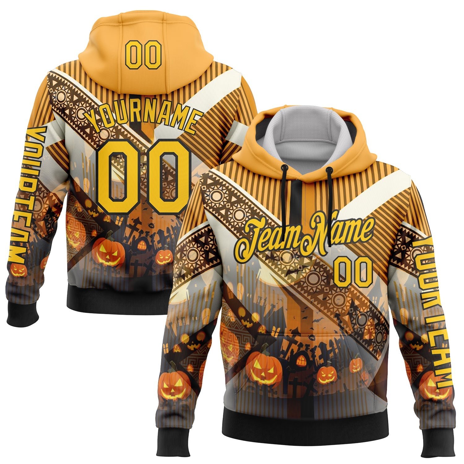 Custom Yellow Black 3D Halloween Pumpkin Spooky Stripe Sports Pullover Sweatshirt Hoodie