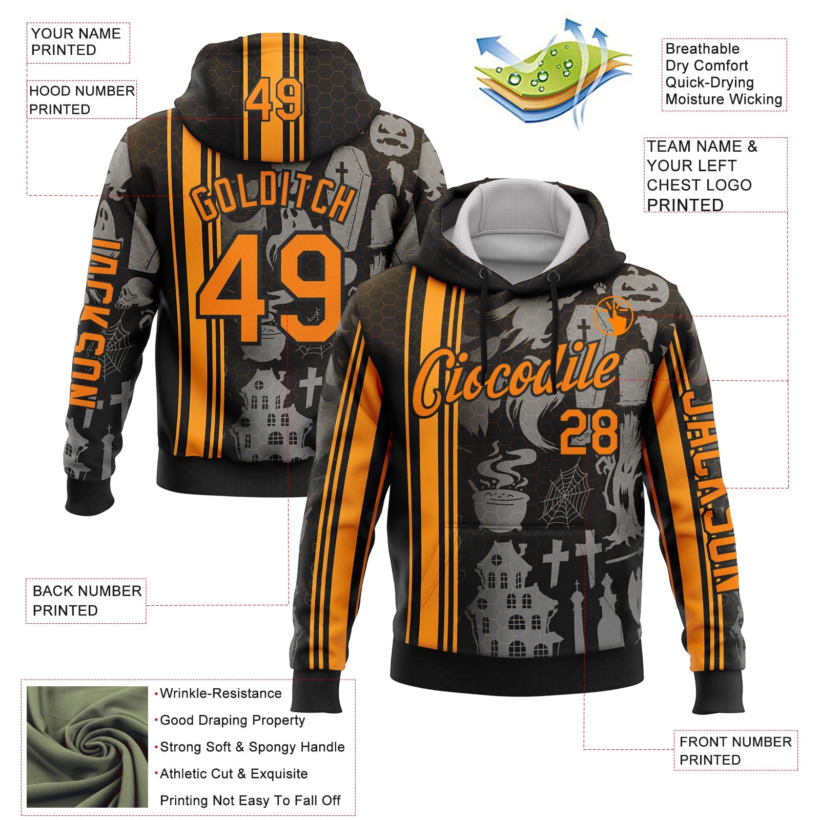 Custom Black Bay Orange-Orange 3D Halloween Pumpkin Spooky Stripe Sports Pullover Sweatshirt Hoodie