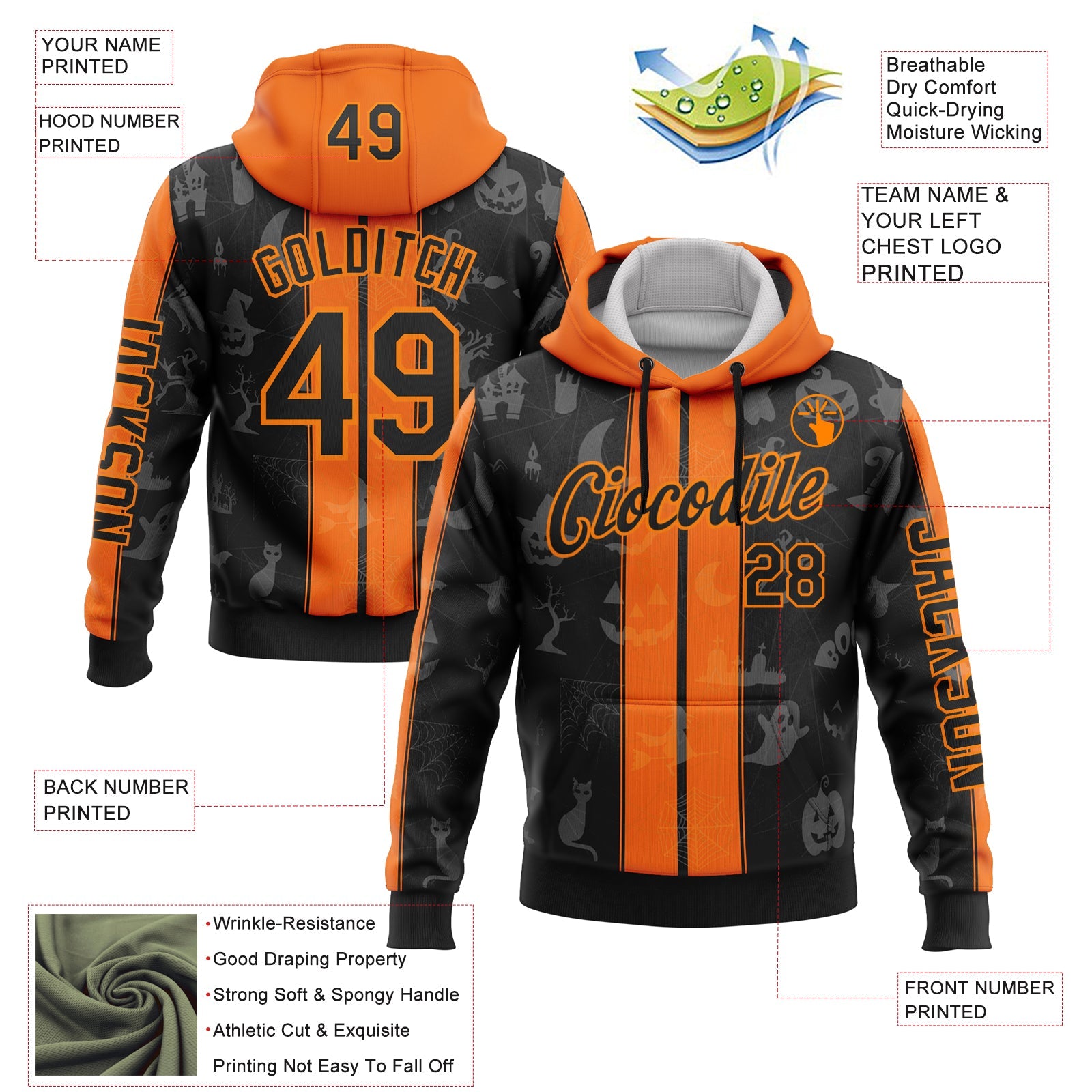 Custom Black Orange-Bay Orange 3D Halloween Pumpkin Spooky Stripe Sports Pullover Sweatshirt Hoodie