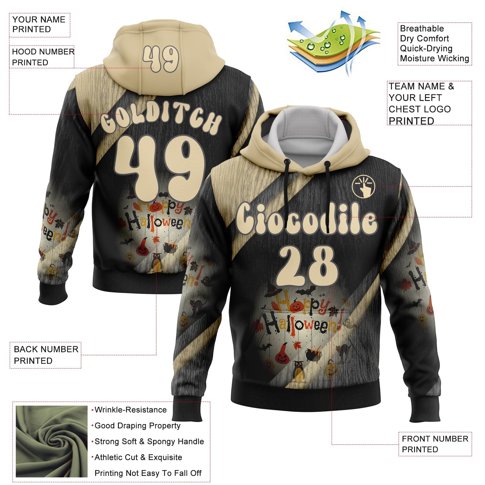 Custom Black Cream-Steel Gray 3D Halloween Spooky Stripe Sports Pullover Sweatshirt Hoodie