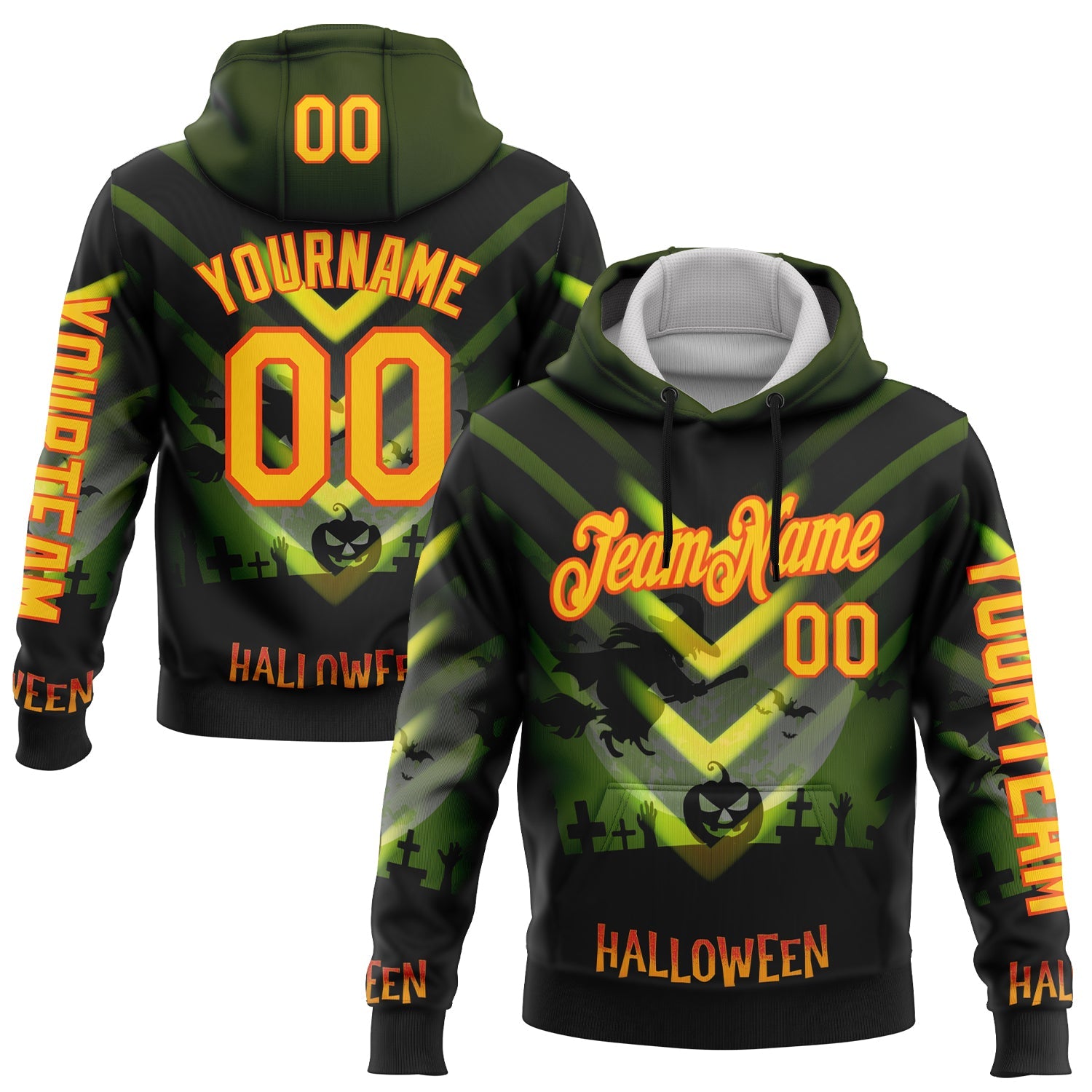 Custom Green Yellow-Orange 3D Halloween Spooky Sportswear Pullover Sweatshirt Hoodie